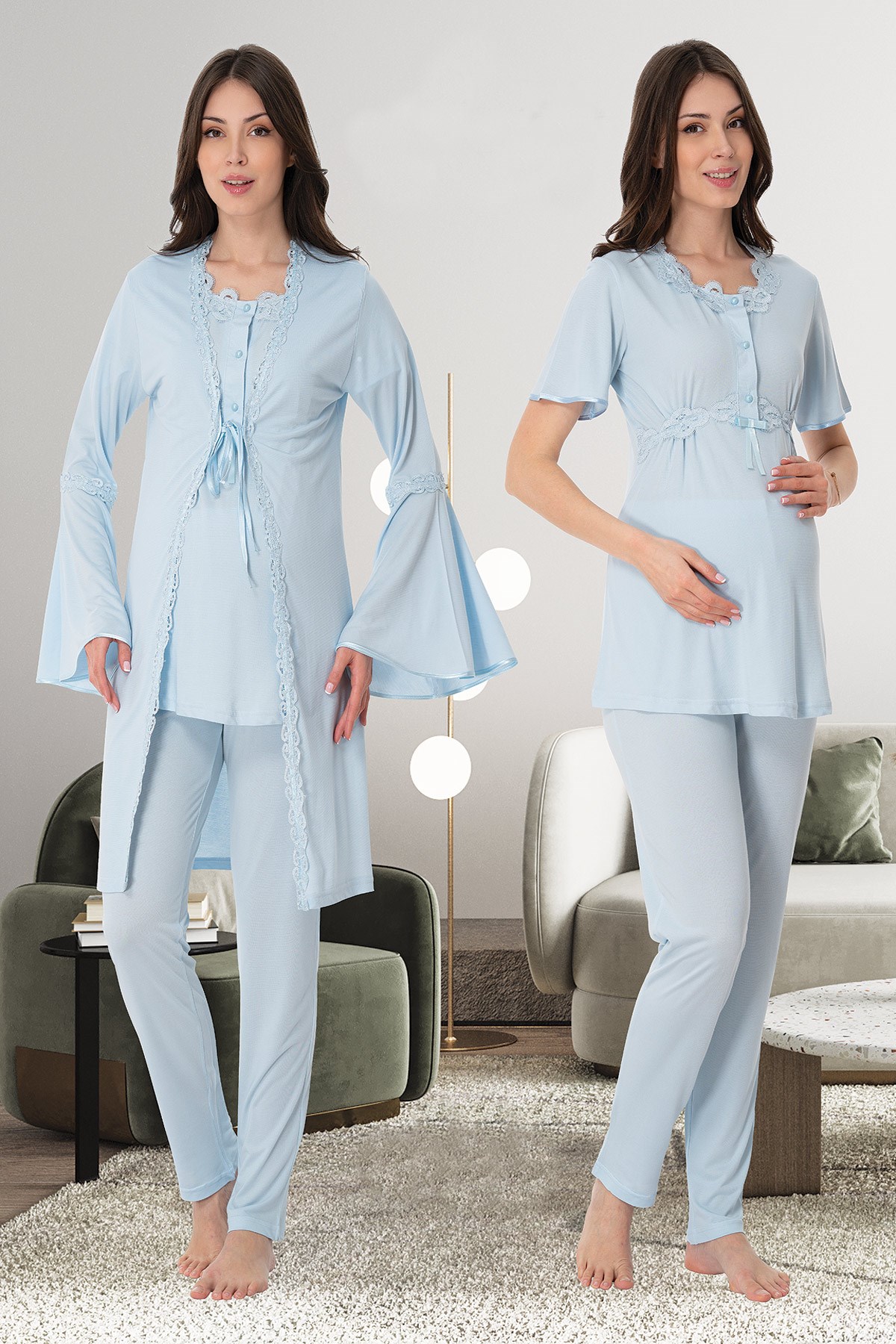 Effortt 9004 Mavi Kolları Volanlı Dantel Sabahlıklı Lohusa Pijama Takımı