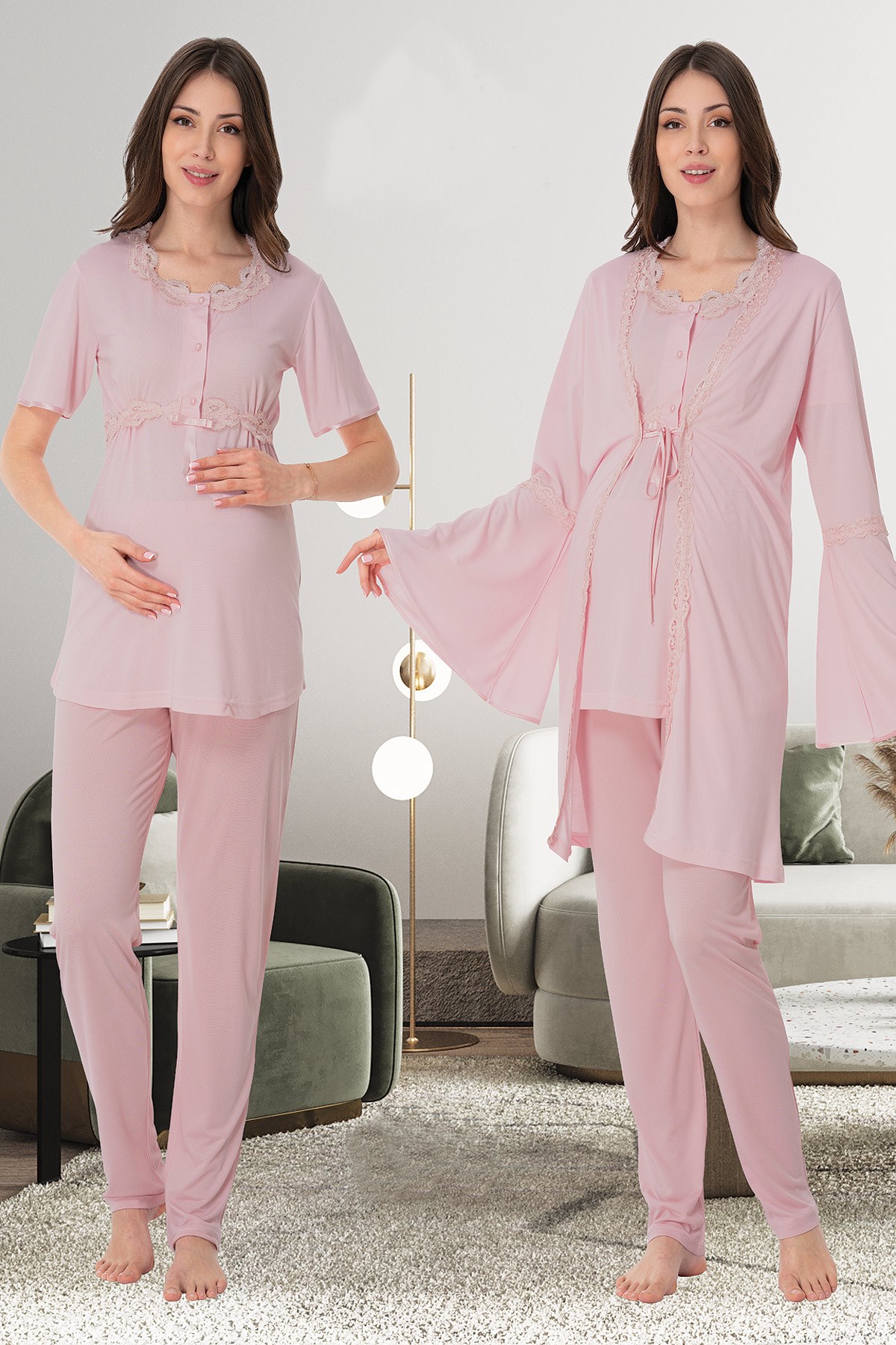 Effortt 9004 Pudra Pembe Kolları Volanlı Dantel Sabahlıklı Lohusa Pijama Takımı