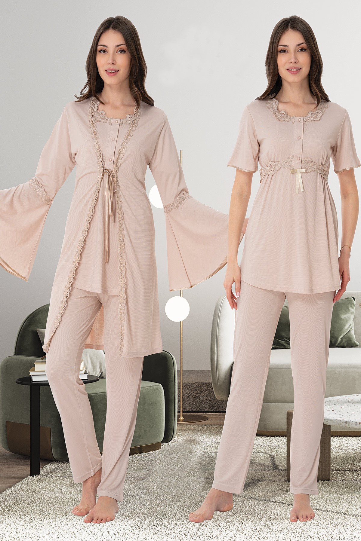 Effortt 9004 Sütlü Kahve Kolları Volanlı Dantel Sabahlıklı Lohusa Pijama Takımı