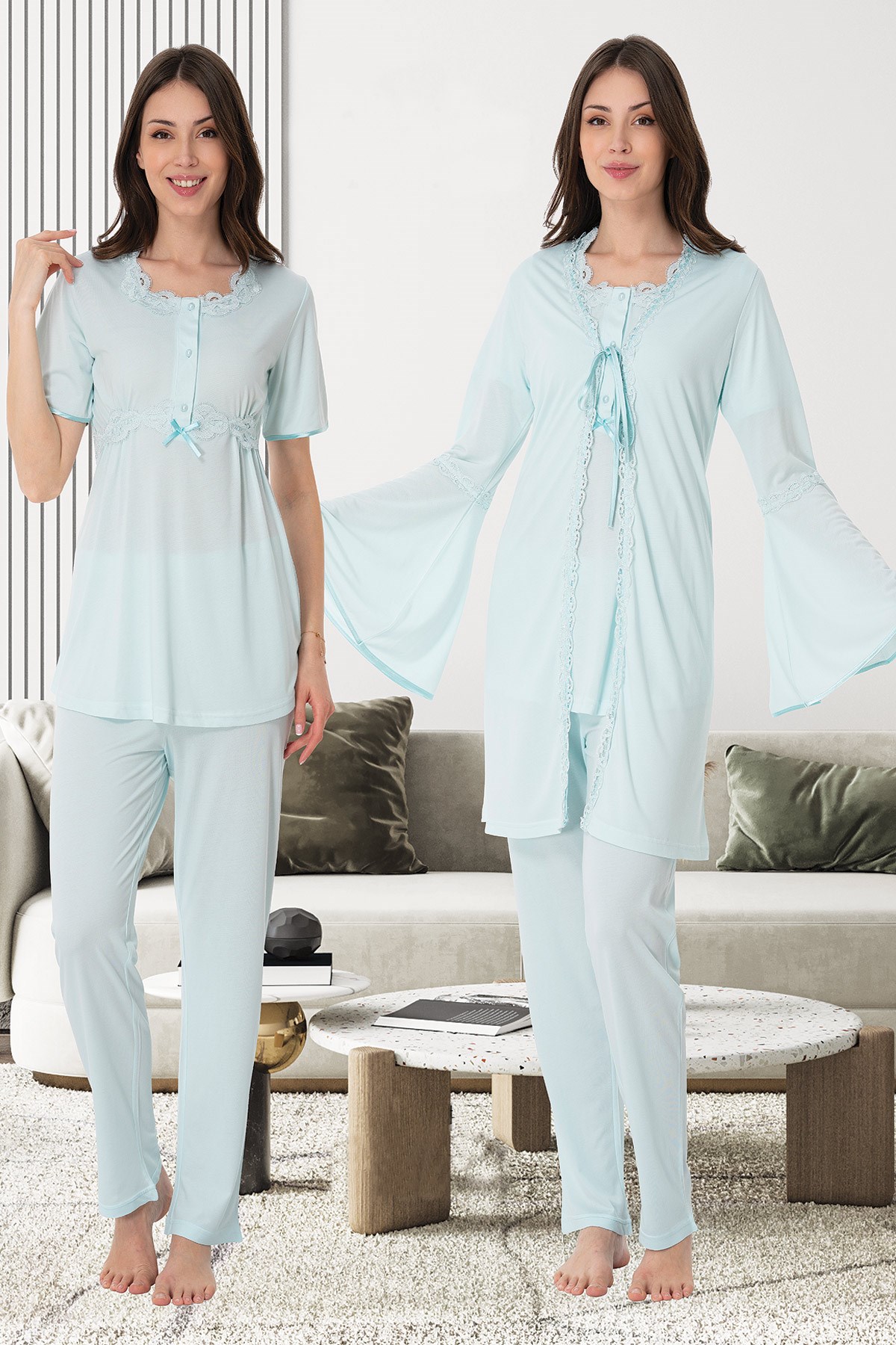 Effortt 9004 Turkuaz Kolları Volanlı Dantel Sabahlıklı Lohusa Pijama Takımı