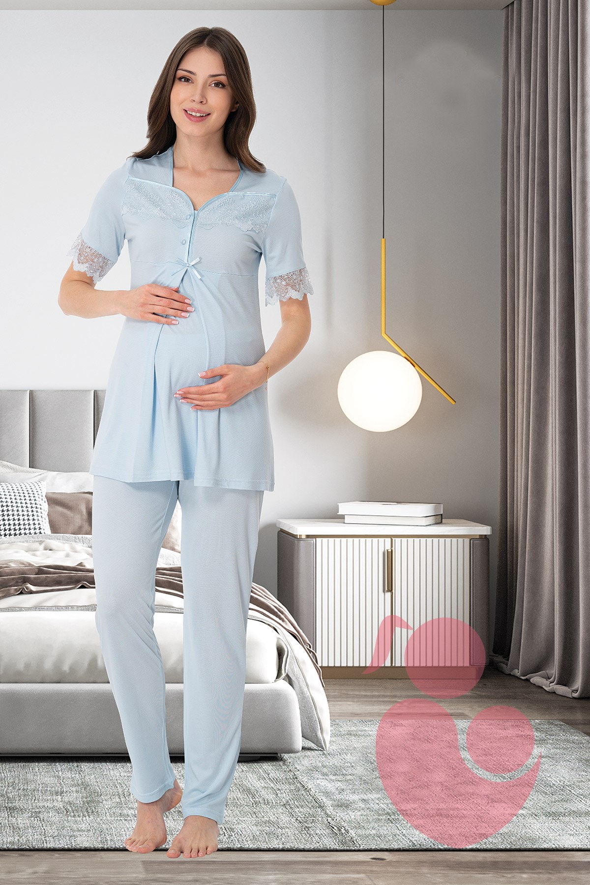 Effortt 9012 Mavi Emzirme Özellikli Lohusa Pijama Takımı