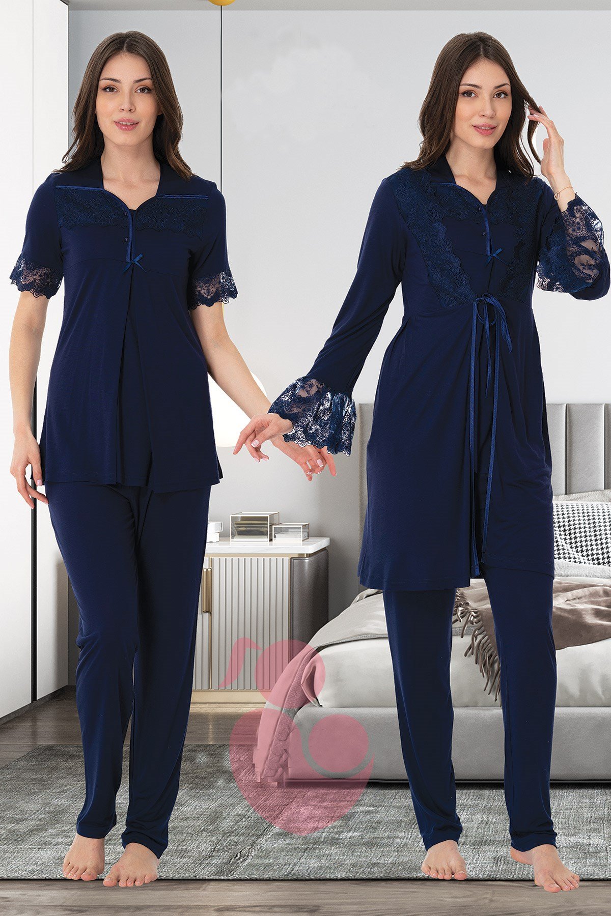 Effortt 9014 Lacivert Kolları Dantel Detaylı Sabahlıklı Lohusa Pijama Takımı