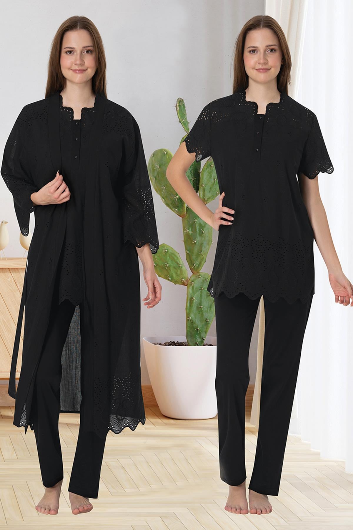 Effortt 9024 Siyah Fisto Sabahlıklı Lohusa Pijama Takımı