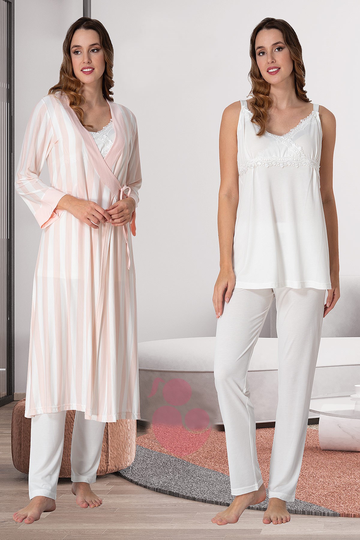 Effortt 9034 Ekru Çizgili Sabahlıklı Lohusa Pijama Takımı