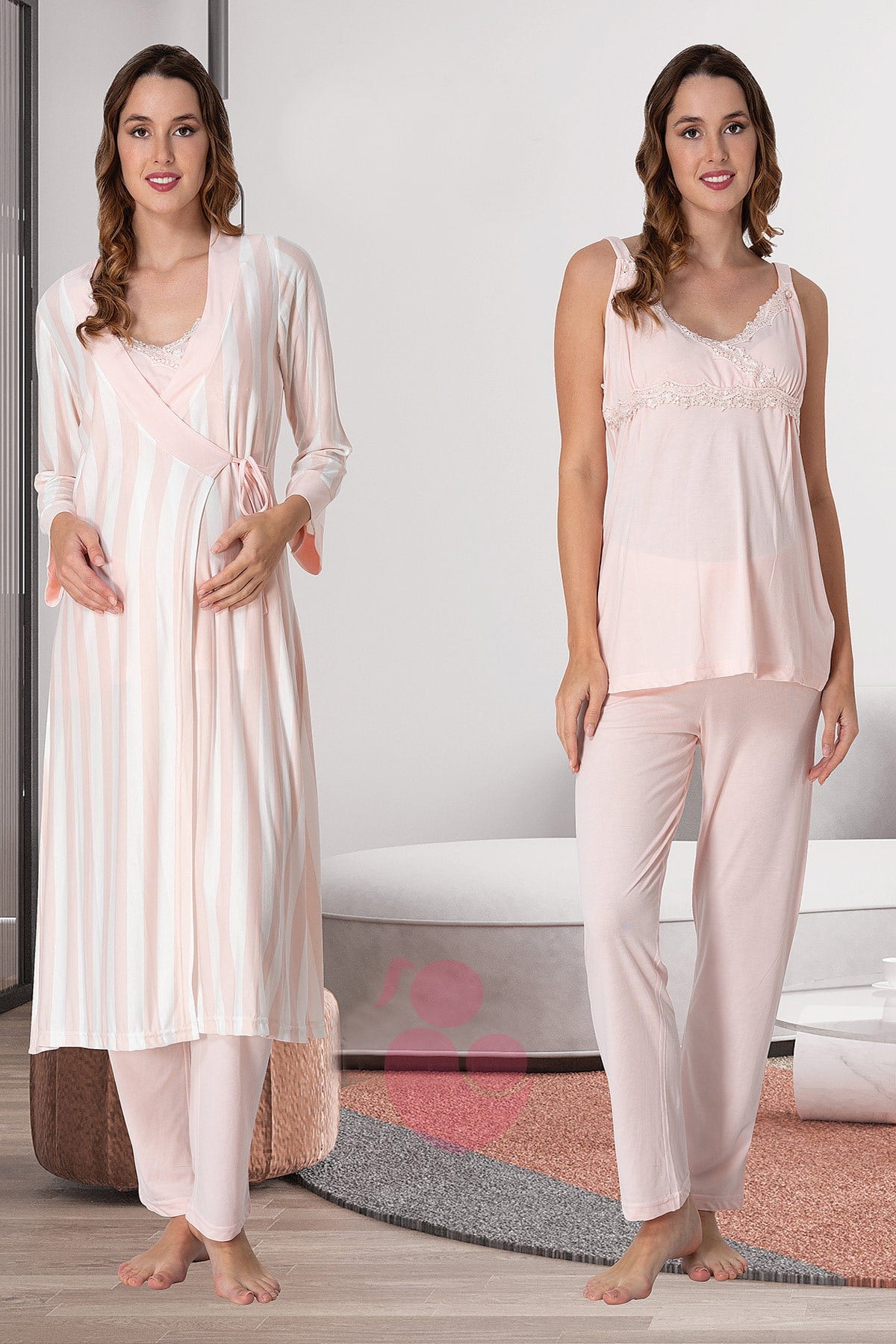 Effortt 9034 Somon Çizgili Sabahlıklı Lohusa Pijama Takımı