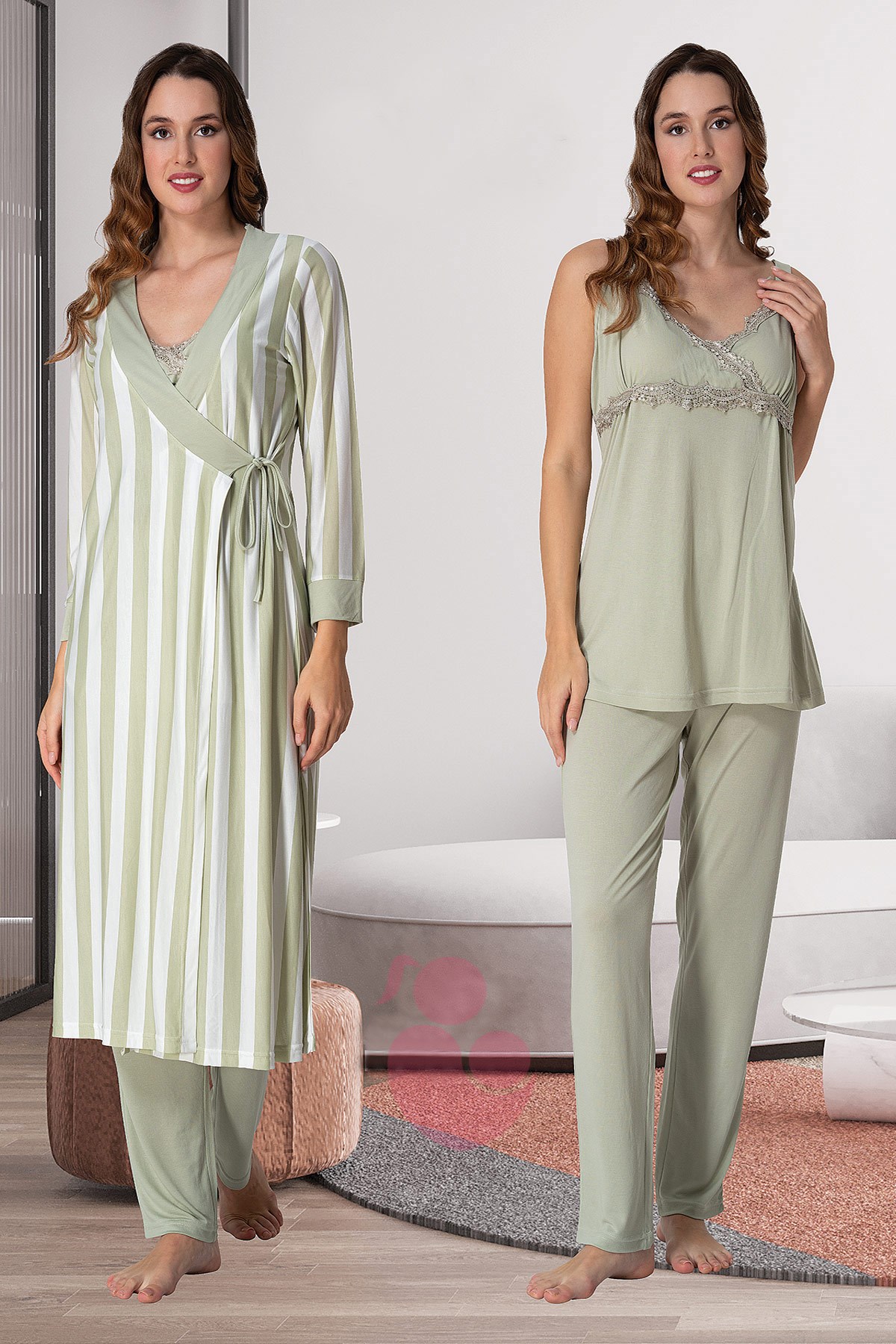Effortt 9034 Yeşil Çizgili Sabahlıklı Lohusa Pijama Takımı
