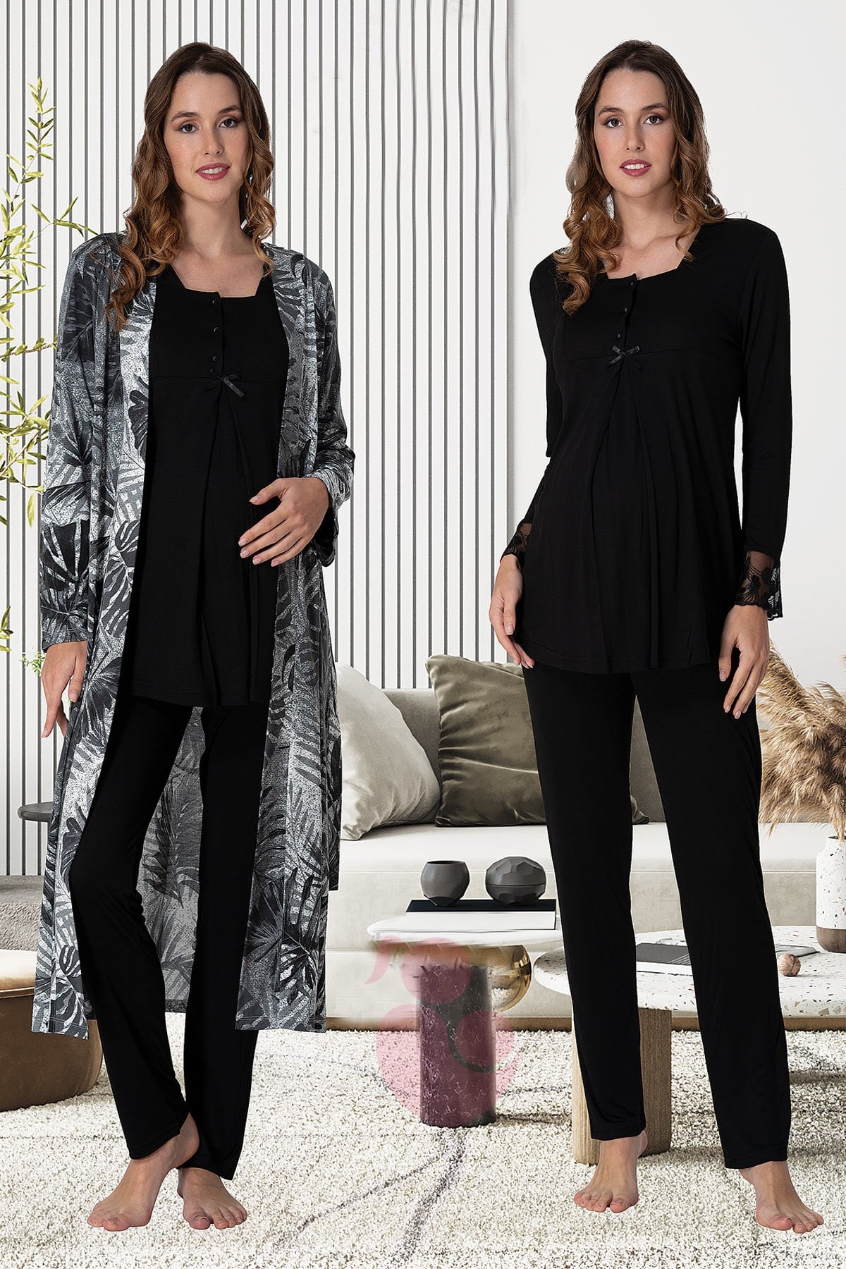 Effortt 9044 Siyah Desen Sabahlıklı Lohusa Pijama Takımı