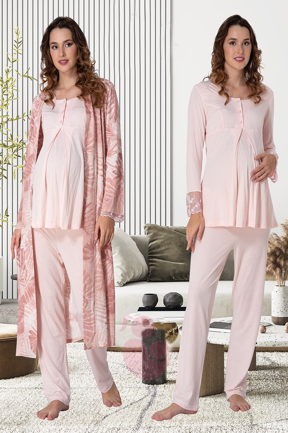 Effortt 9044 Somon Desen Sabahlıklı Lohusa Pijama Takımı