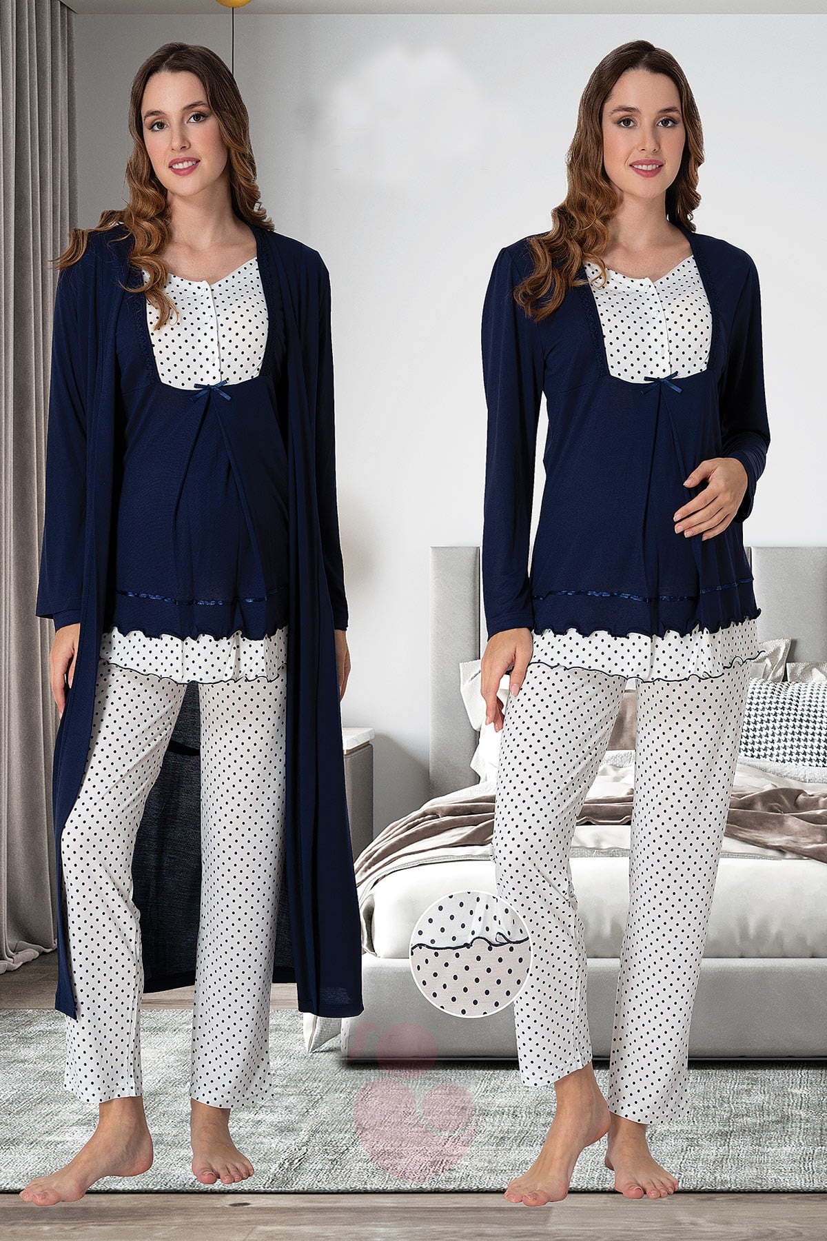 Effortt 9054 Puan Detaylı Lacivert Sabahlıklı Lohusa Pijama Takımı