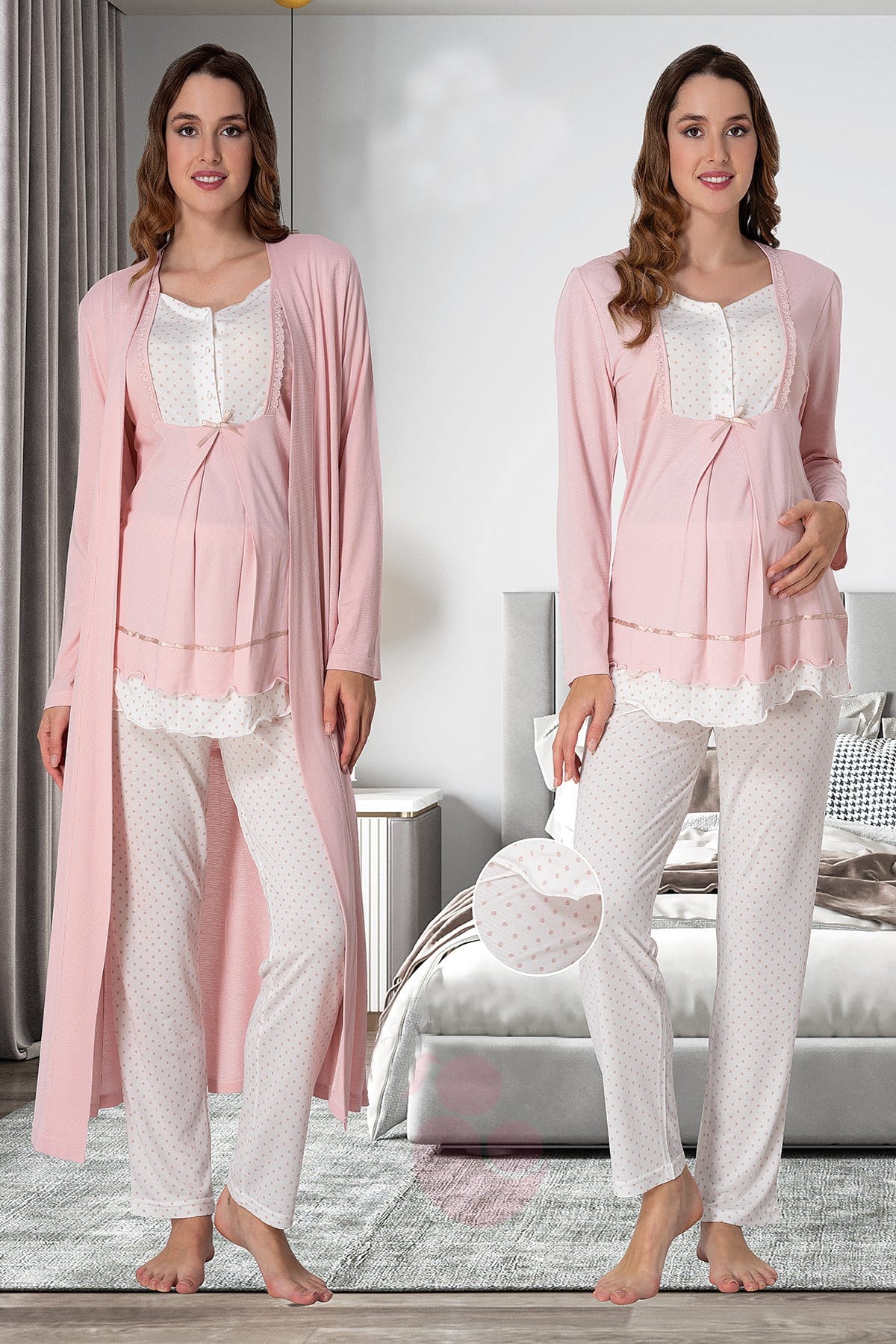Effortt 9054 Puan Detaylı Pudra Sabahlıklı Lohusa Pijama Takımı
