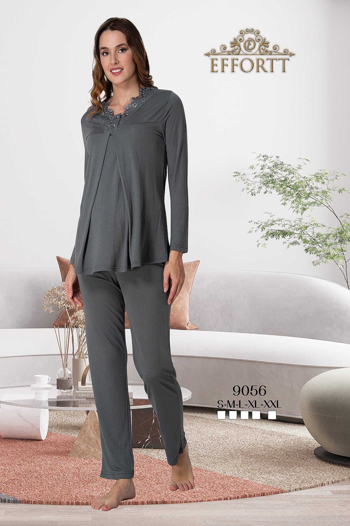 Effortt 9056 Füme Dantel Detaylı Lohusa Pijama Takımı