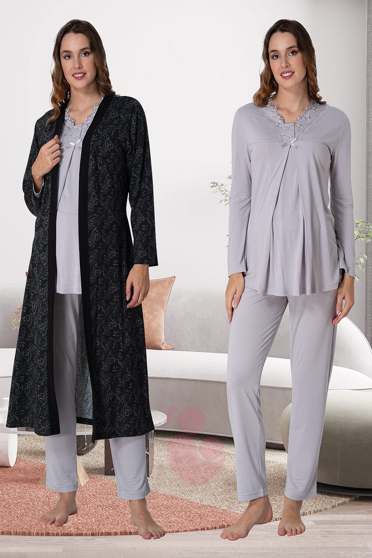 Effortt 9058 Gri Desen Sabahlıklı Lohusa Pijama Takımı