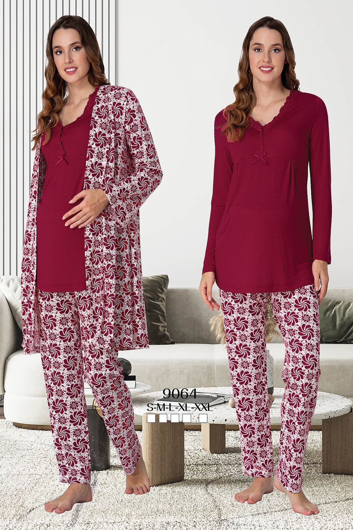 Effortt 9064 Bordo Desen Sabahlıklı Lohusa Pijama Takımı