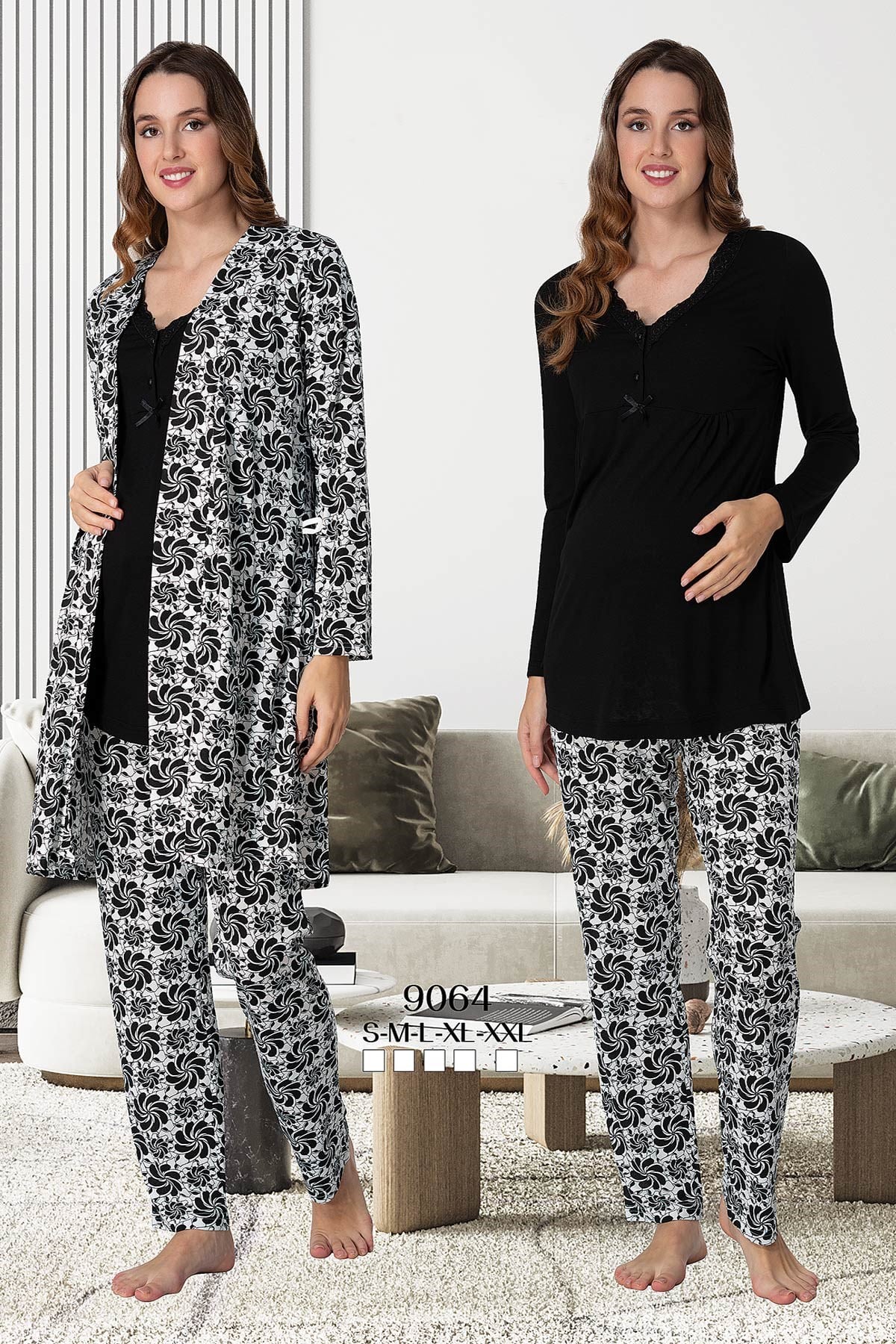 Effortt 9064 Siyah Desen Sabahlıklı Lohusa Pijama Takımı