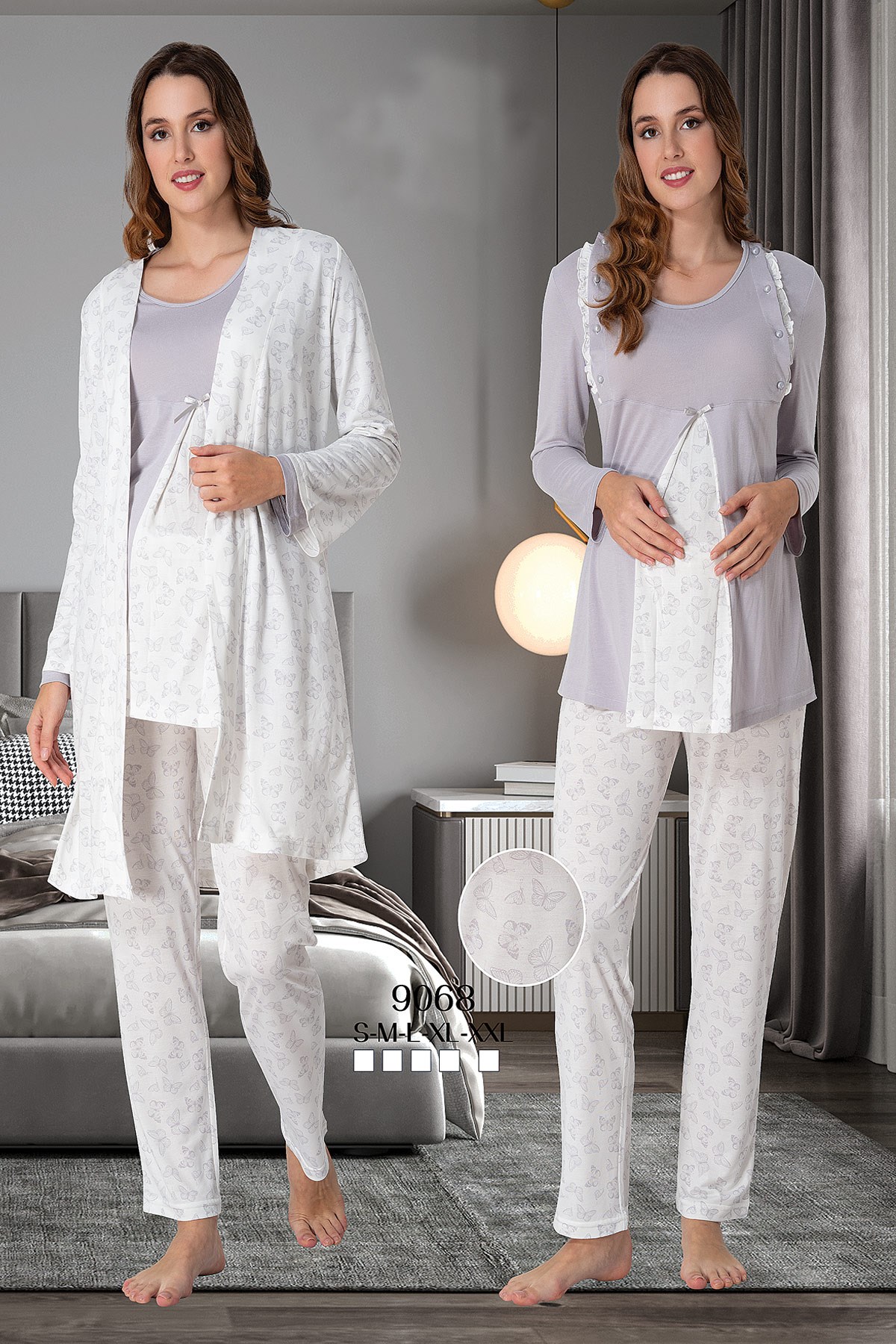Effortt 9068 Gri Kelebek Detaylı Sabahlıklı Lohusa Pijama Takımı