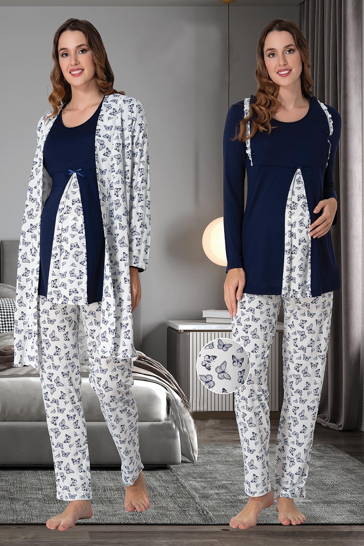 Effortt 9068 Lacivert Kelebek Detaylı Sabahlıklı Lohusa Pijama Takımı