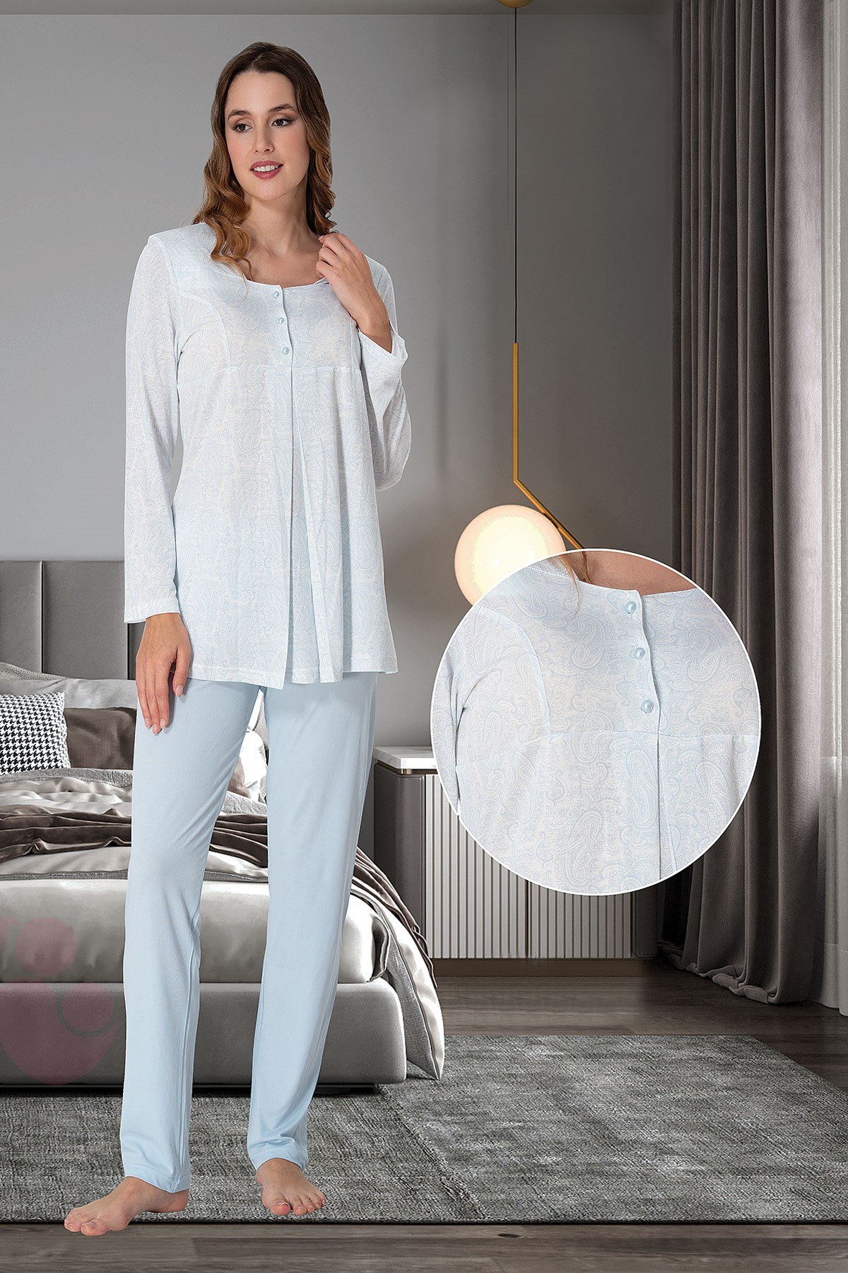 Effortt 9072 Mavi Desen Detaylı Lohusa Pijama Takımı