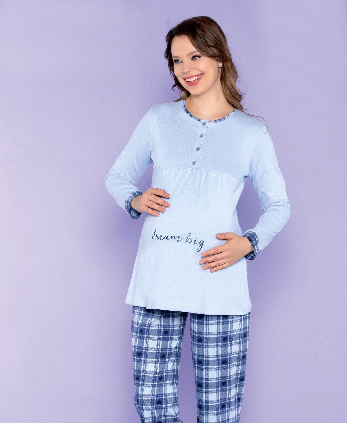 Ekose Detaylı Mavi Lohusa Pijama Takımı - 757