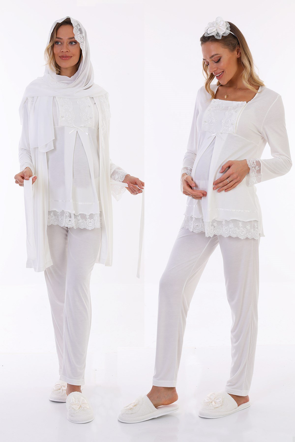 Ekru Tesettür Sabahlıklı Lohusa hamile 6lı Set 30440