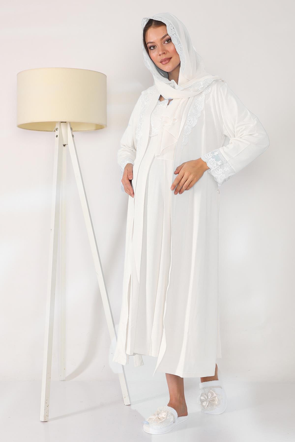 Ekru Tesettürlü Sabahlıklı Lohusa Gecelik Takımı