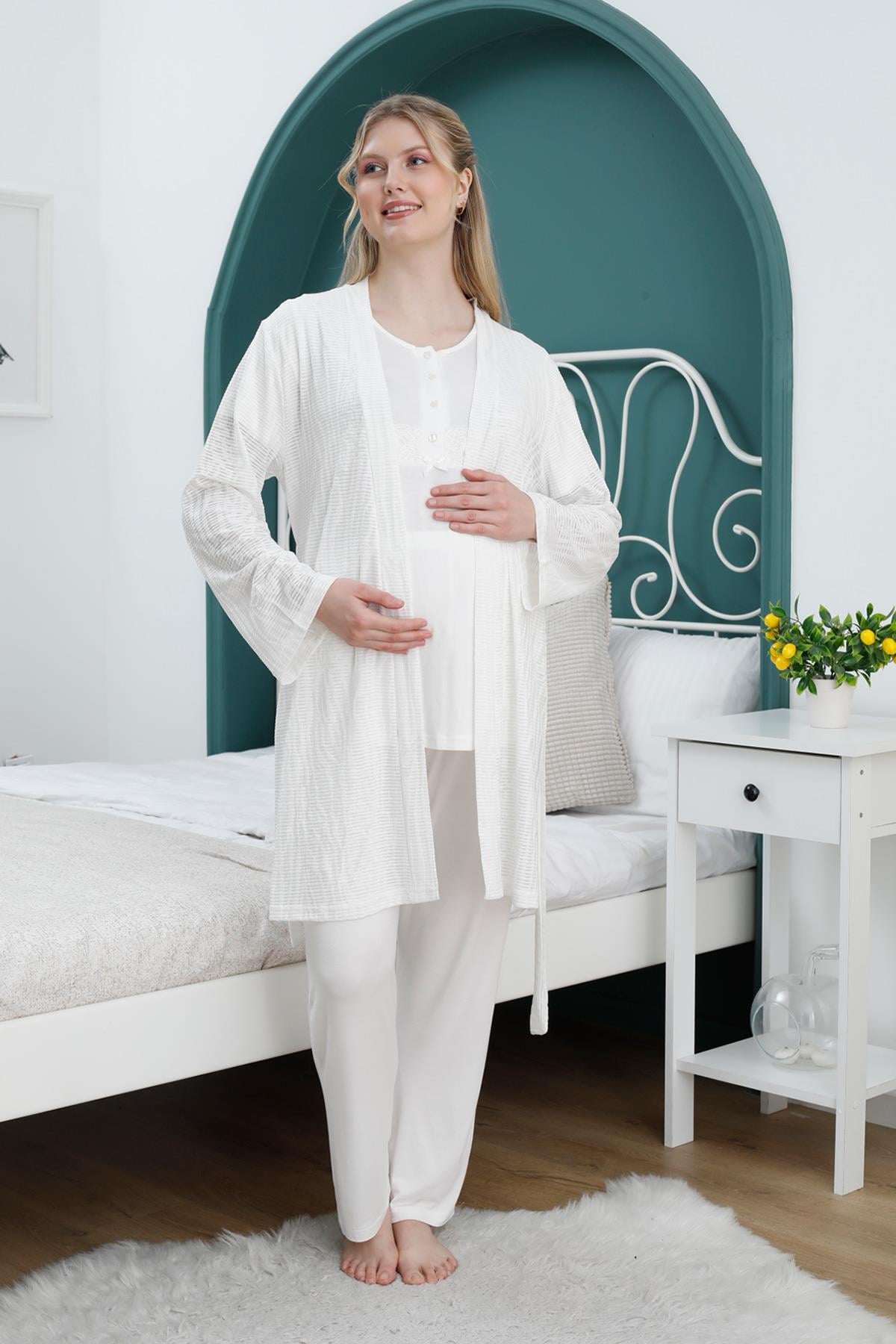 Ekru Triko Sabahlıklı Lohusa Pijama Takımı - 2372