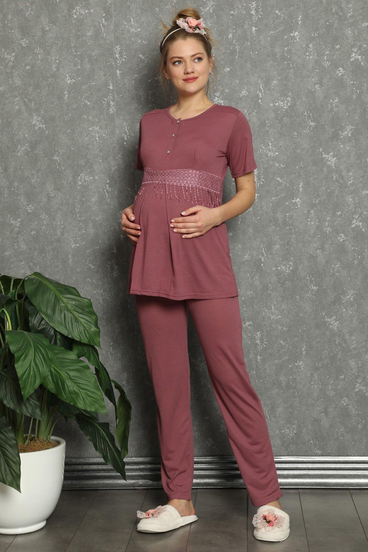 Erdeniz 1141 Vişne Dantel Detaylı Lohusa Pijama Takımı