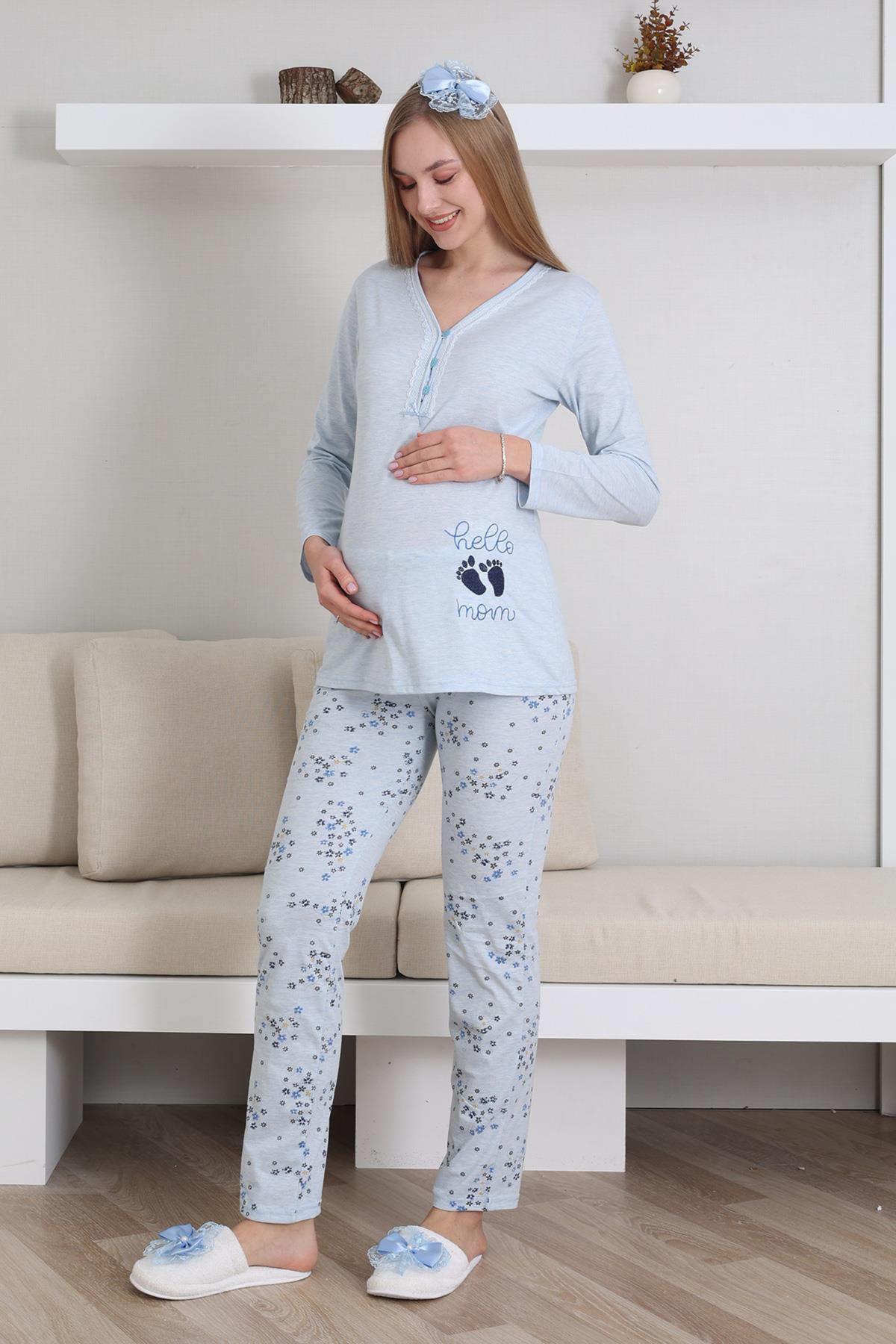 Erdeniz 1172 Mavi Hello Mom Lohusa Pijama Takımı