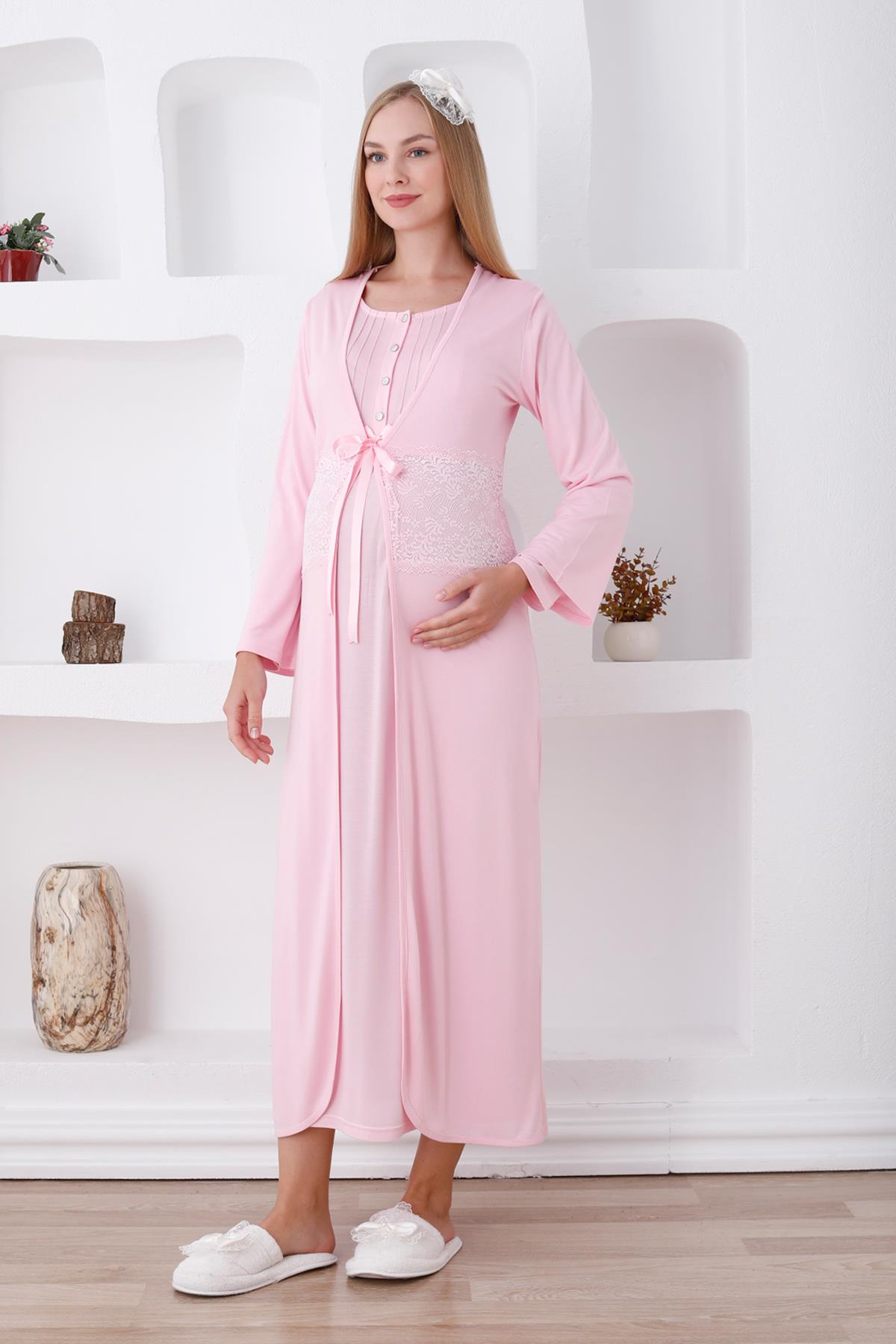 Erdeniz 2281 Pembe Dantel Sabahlıklı Lohusa Gecelik Takımı
