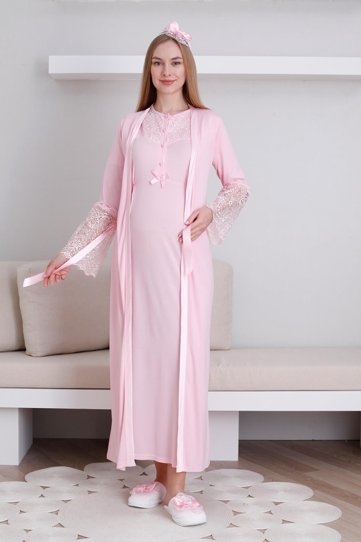 Erdeniz 2296 Pembe Dantel Yaka Sabahlıklı Lohusa Gecelik Takımı