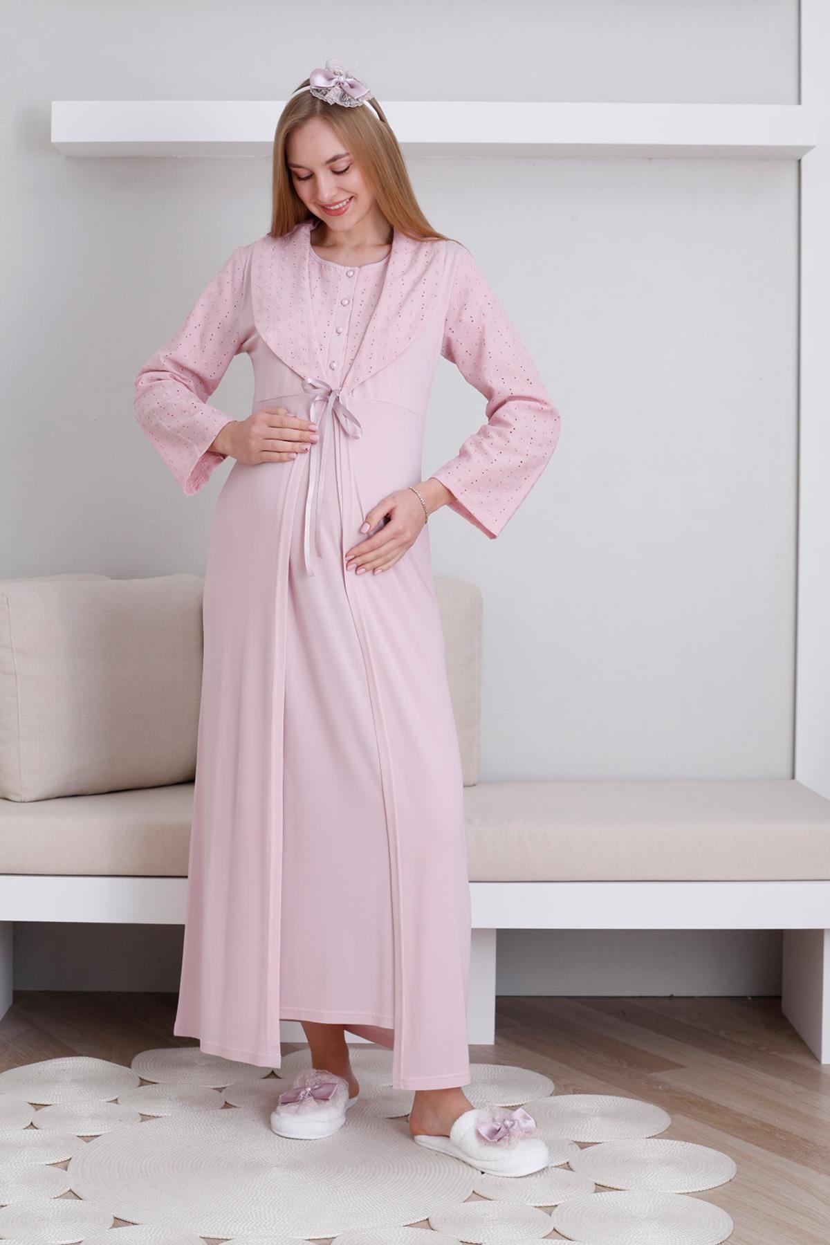 Erdeniz 2298 Pembe Fistolu Sabahlıklı Lohusa Gecelik Takımı