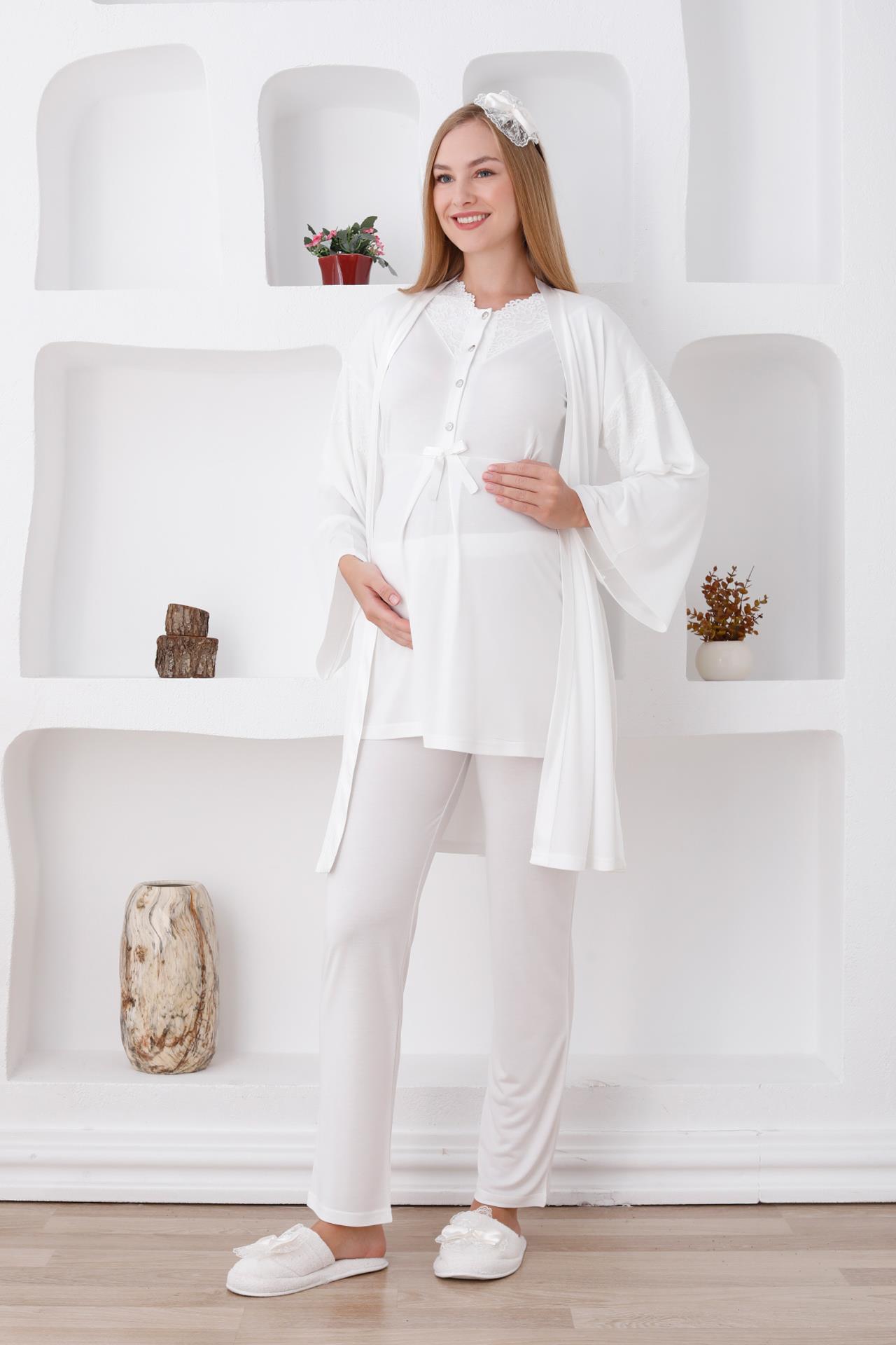 Erdeniz 3420 Ekru Volan Sabahlıklı Dantel Yaka Lohusa Pijama Takımı