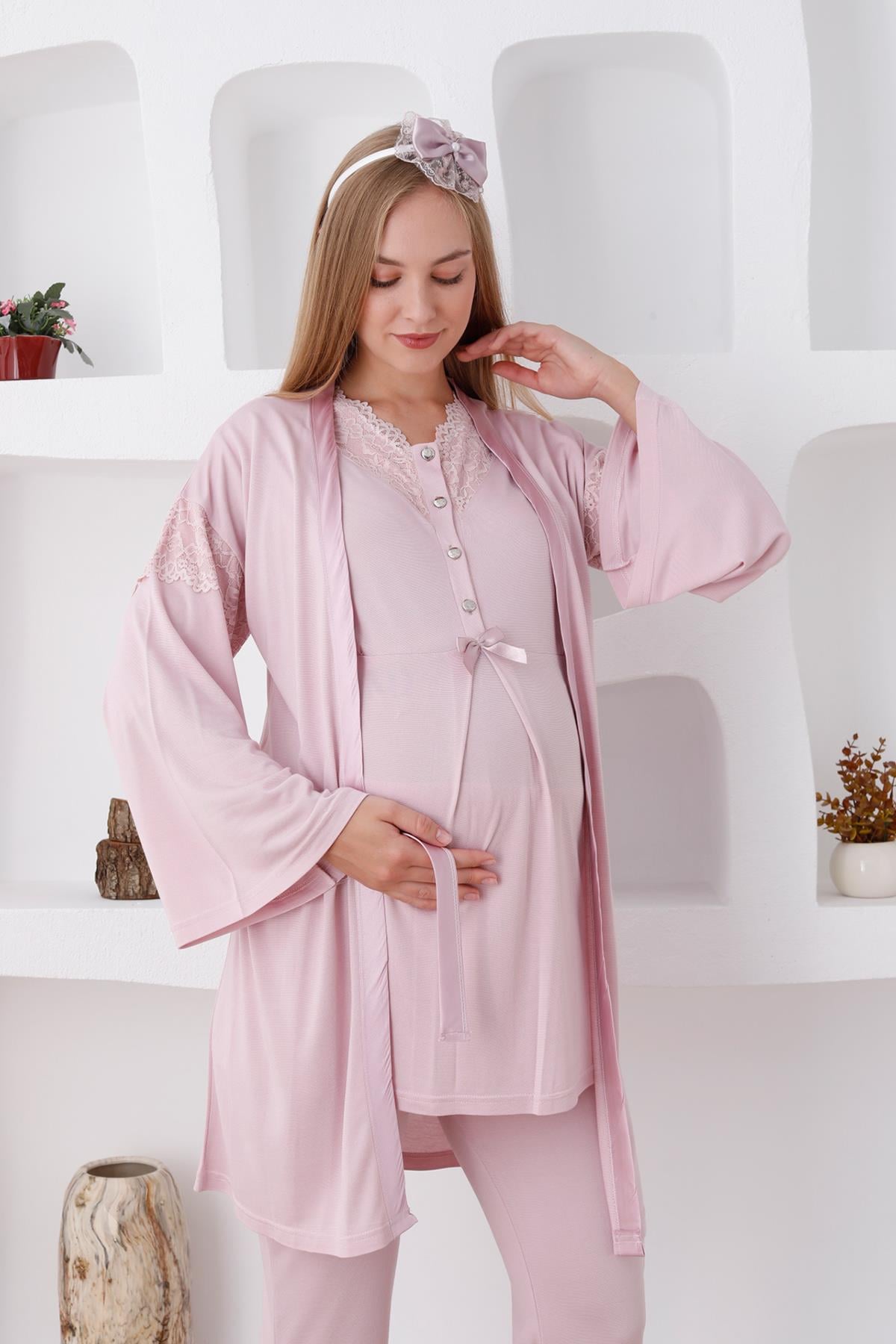 Erdeniz 3420 Pudra Volan Sabahlıklı Dantel Yaka Lohusa Pijama Takımı