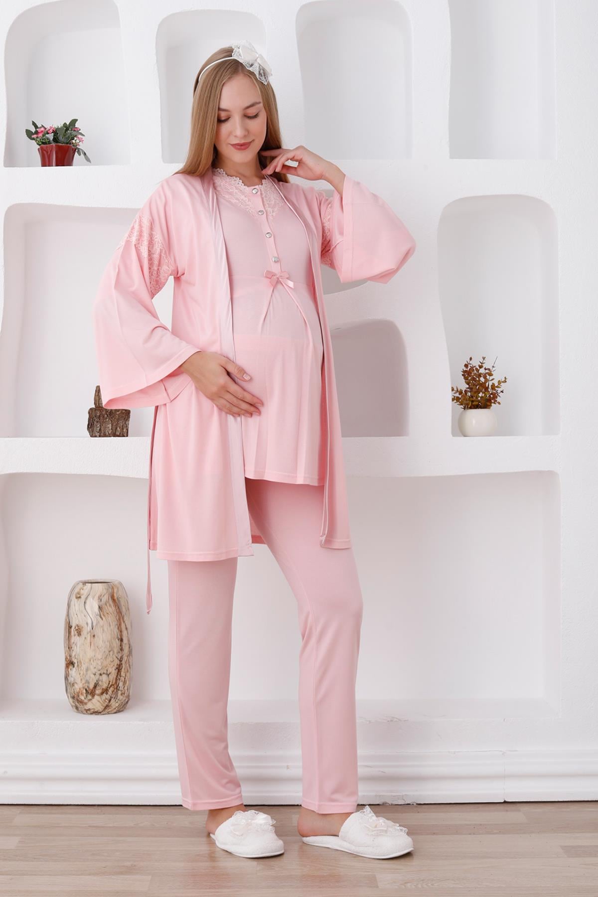 Erdeniz 3420 Somon Volan Sabahlıklı Dantel Yaka Lohusa Pijama Takımı