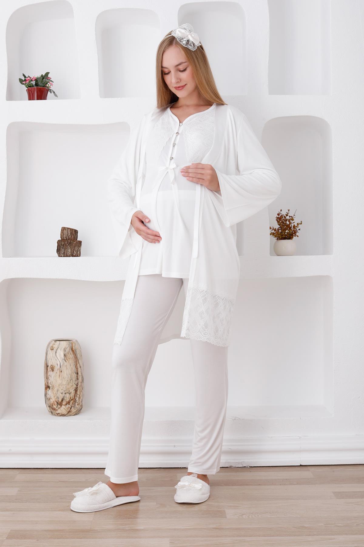 Erdeniz 3422 Ekru Dantel Sabahlıklı Lohusa Pijama Takımı