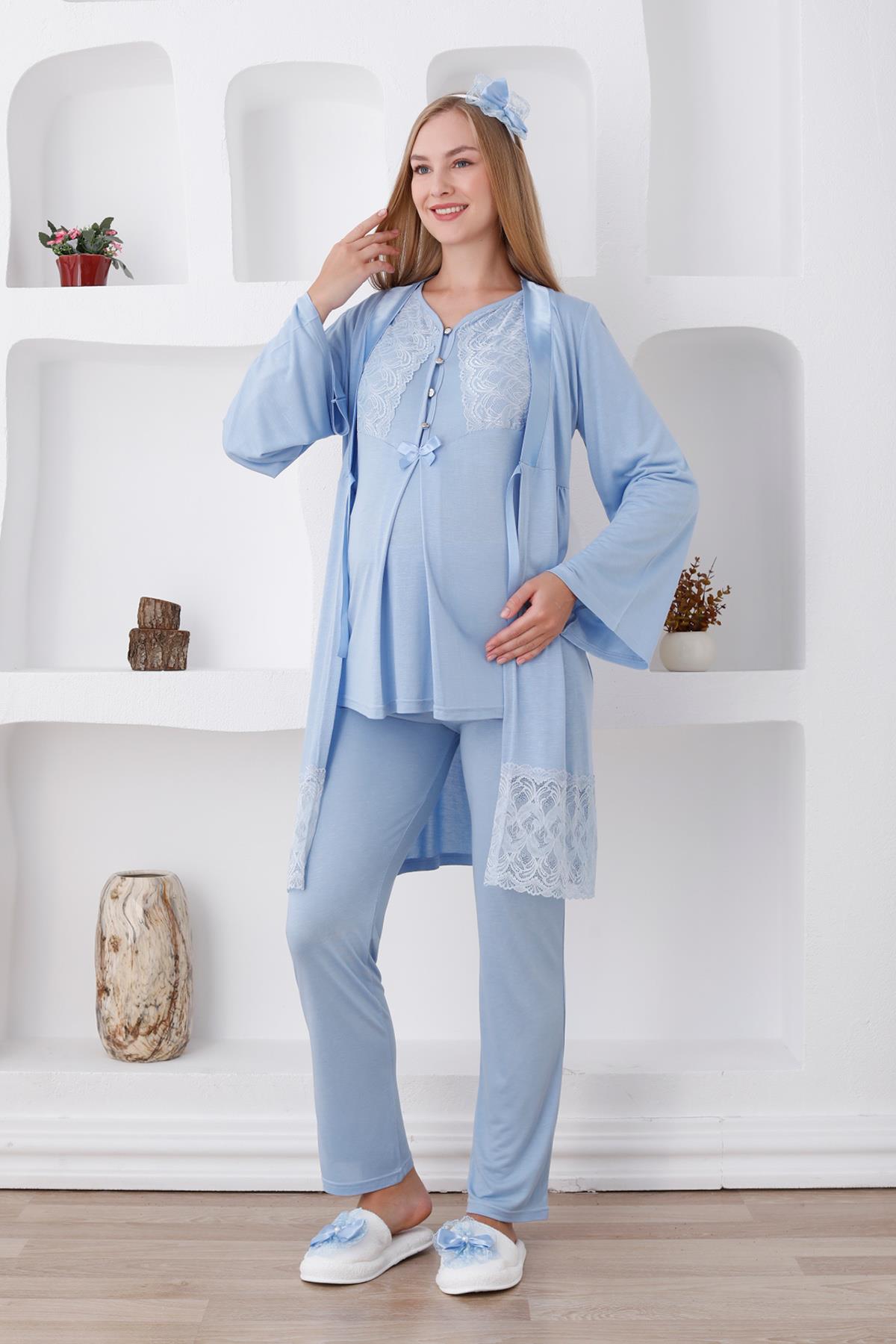 Erdeniz 3422 Mavi Dantel Sabahlıklı Lohusa Pijama Takımı