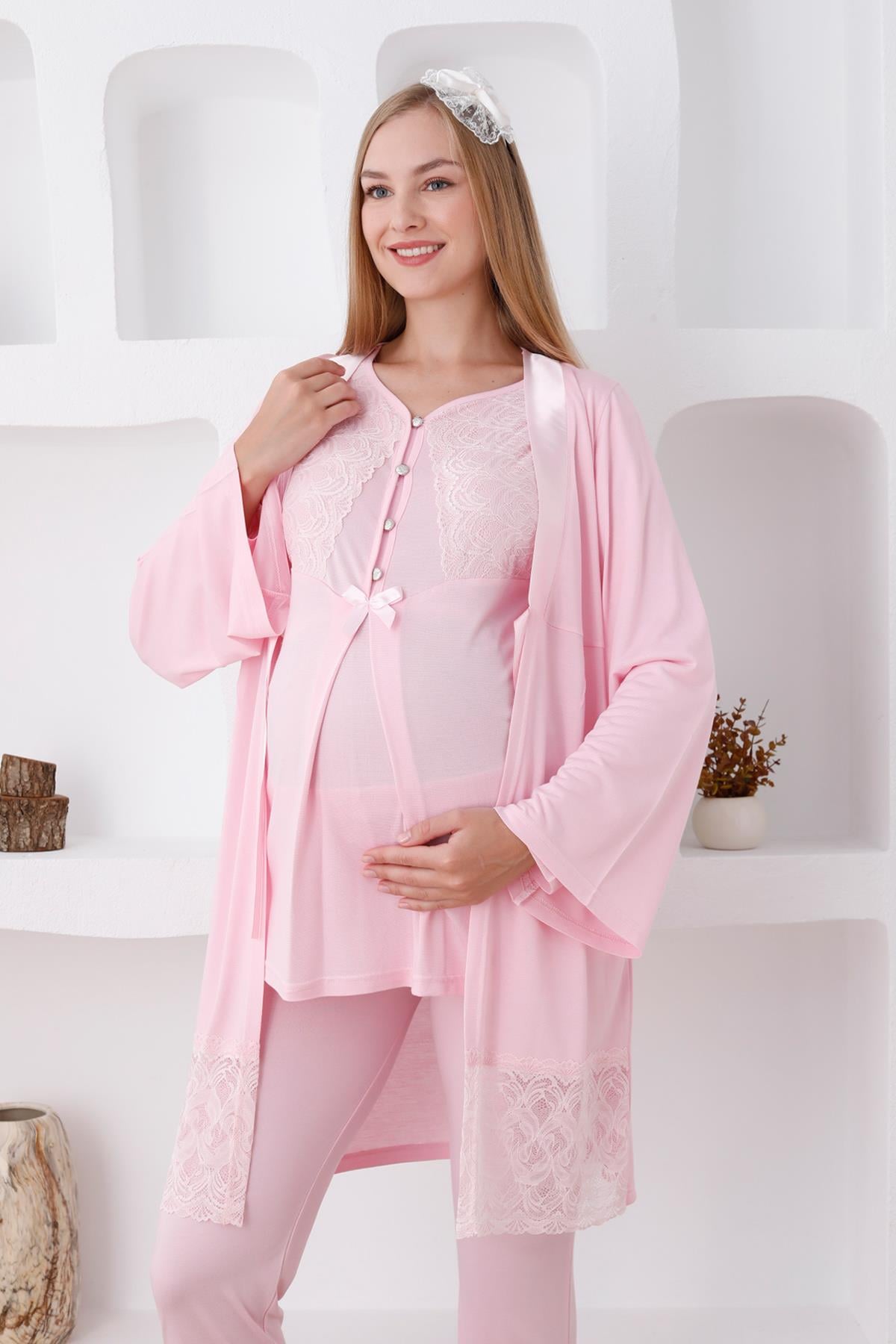 Erdeniz 3422 Pembe Dantel Sabahlıklı Lohusa Pijama Takımı