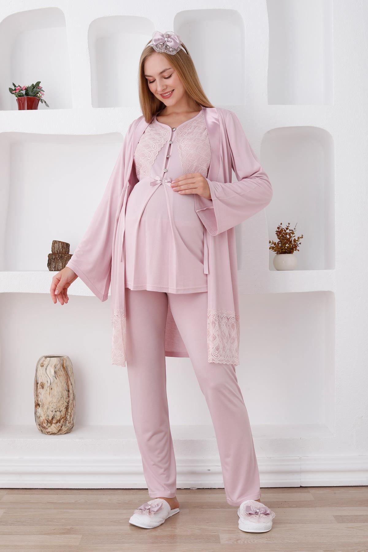 Erdeniz 3422 Pudra Dantel Sabahlıklı Lohusa Pijama Takımı