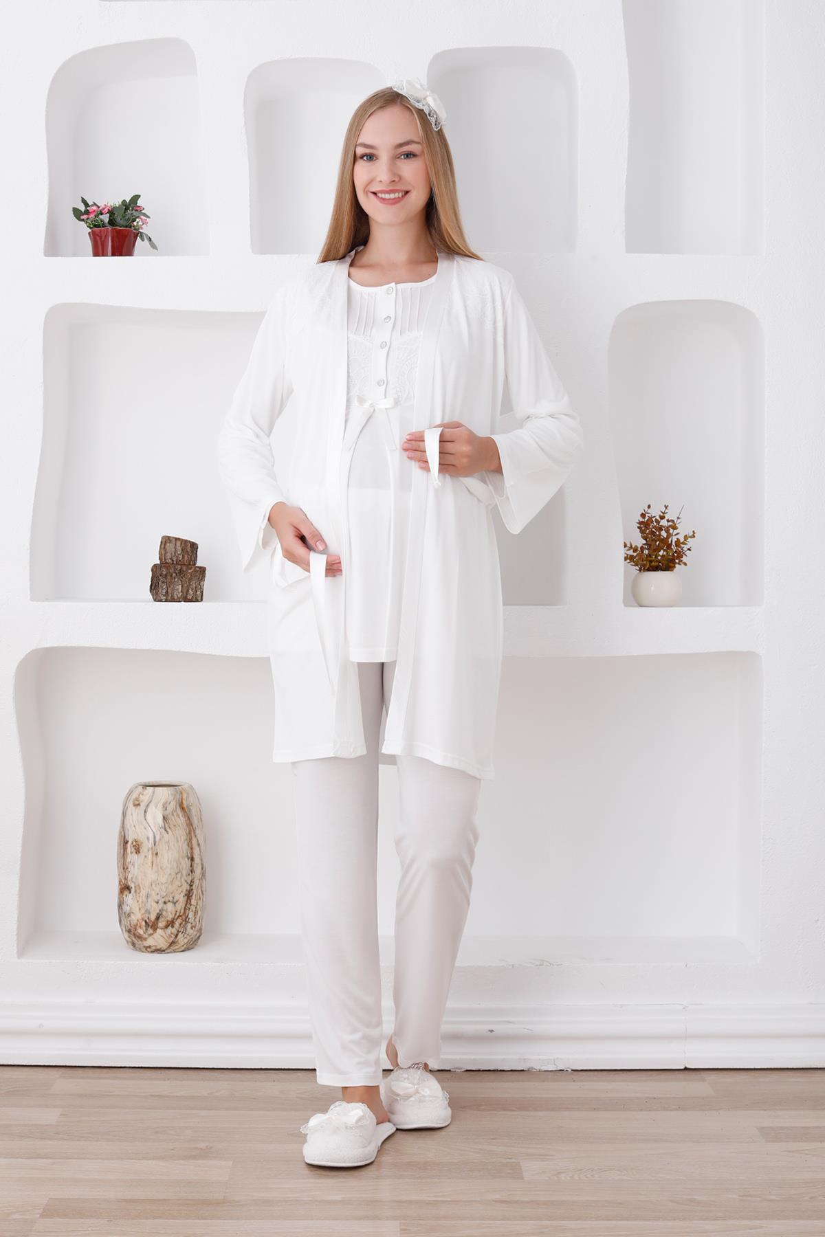 Erdeniz 3423 Ekru Dantel Sabahlıklı Lohusa Pijama Takımı
