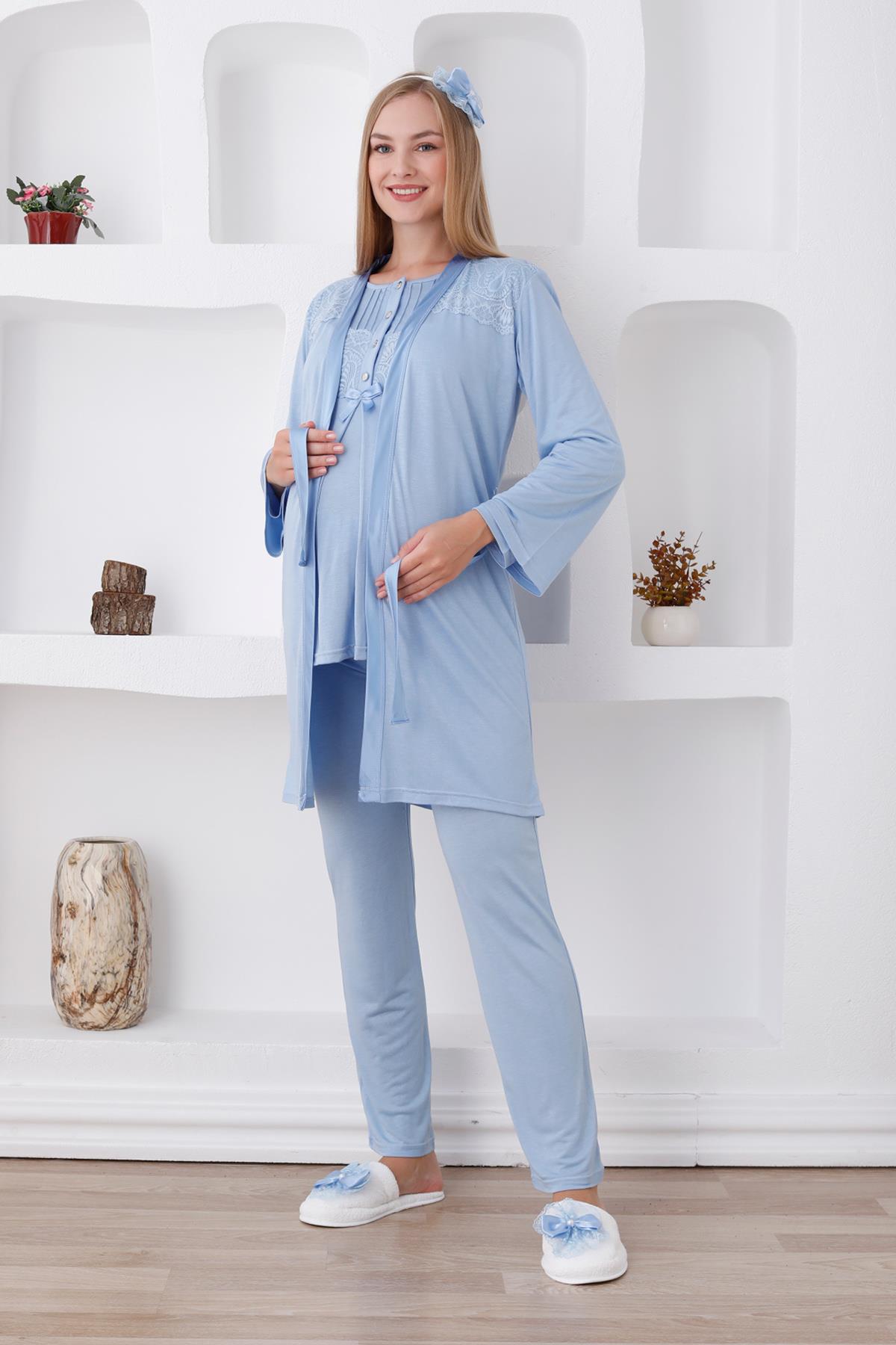 Erdeniz 3423 Mavi Dantel Sabahlıklı Lohusa Pijama Takımı