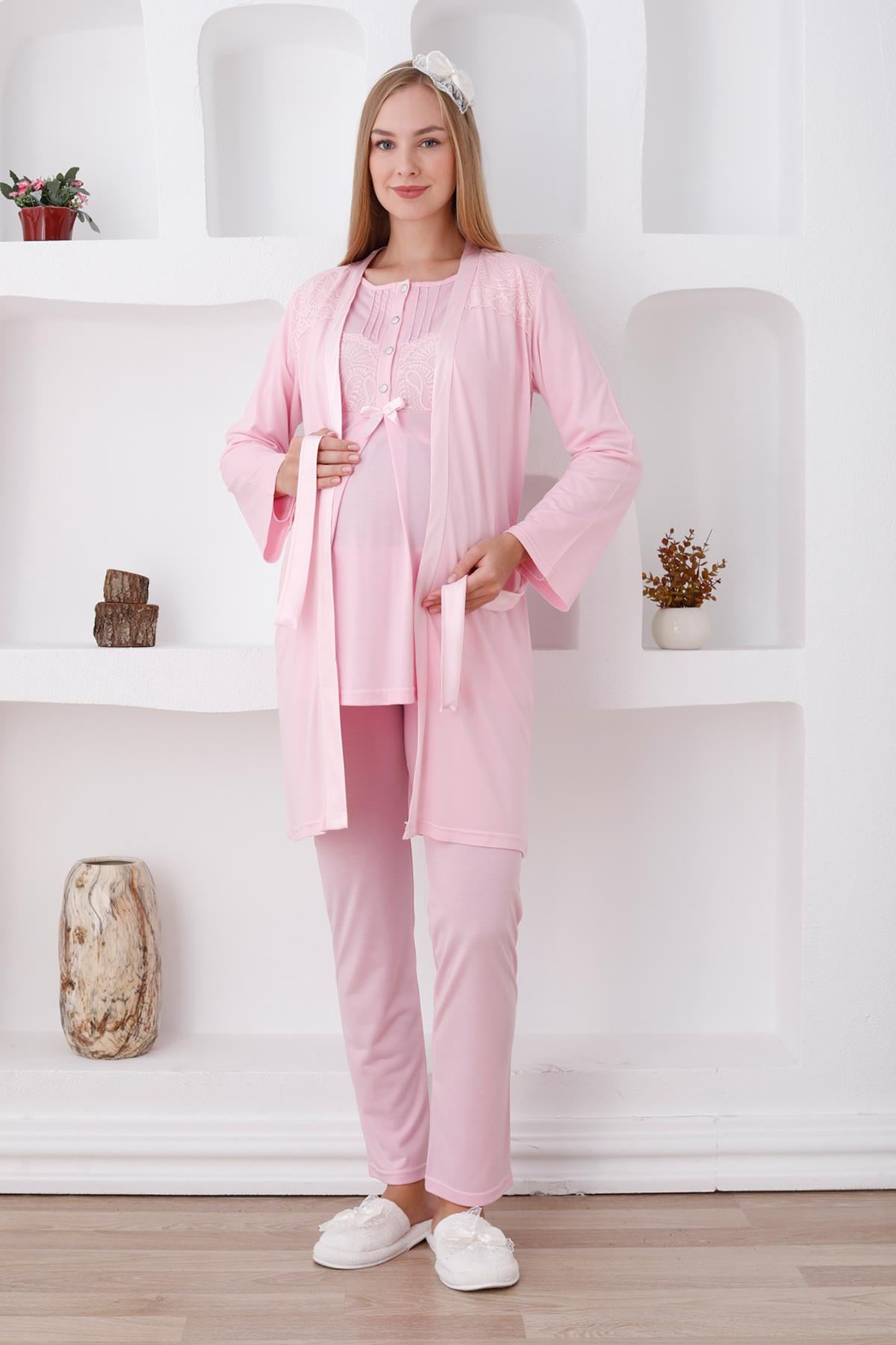 Erdeniz 3423 Pembe Dantel Sabahlıklı Lohusa Pijama Takımı
