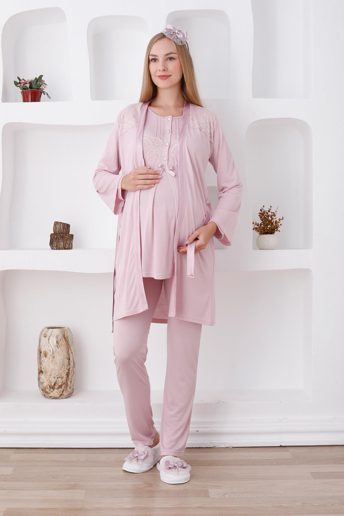 Erdeniz 3423 Pudra Dantel Sabahlıklı Lohusa Pijama Takımı