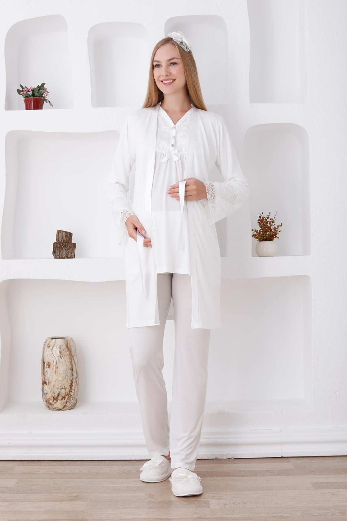 Erdeniz 3424 Ekru Dantel Kol Sabahlıklı Lohusa Pijama Takımı