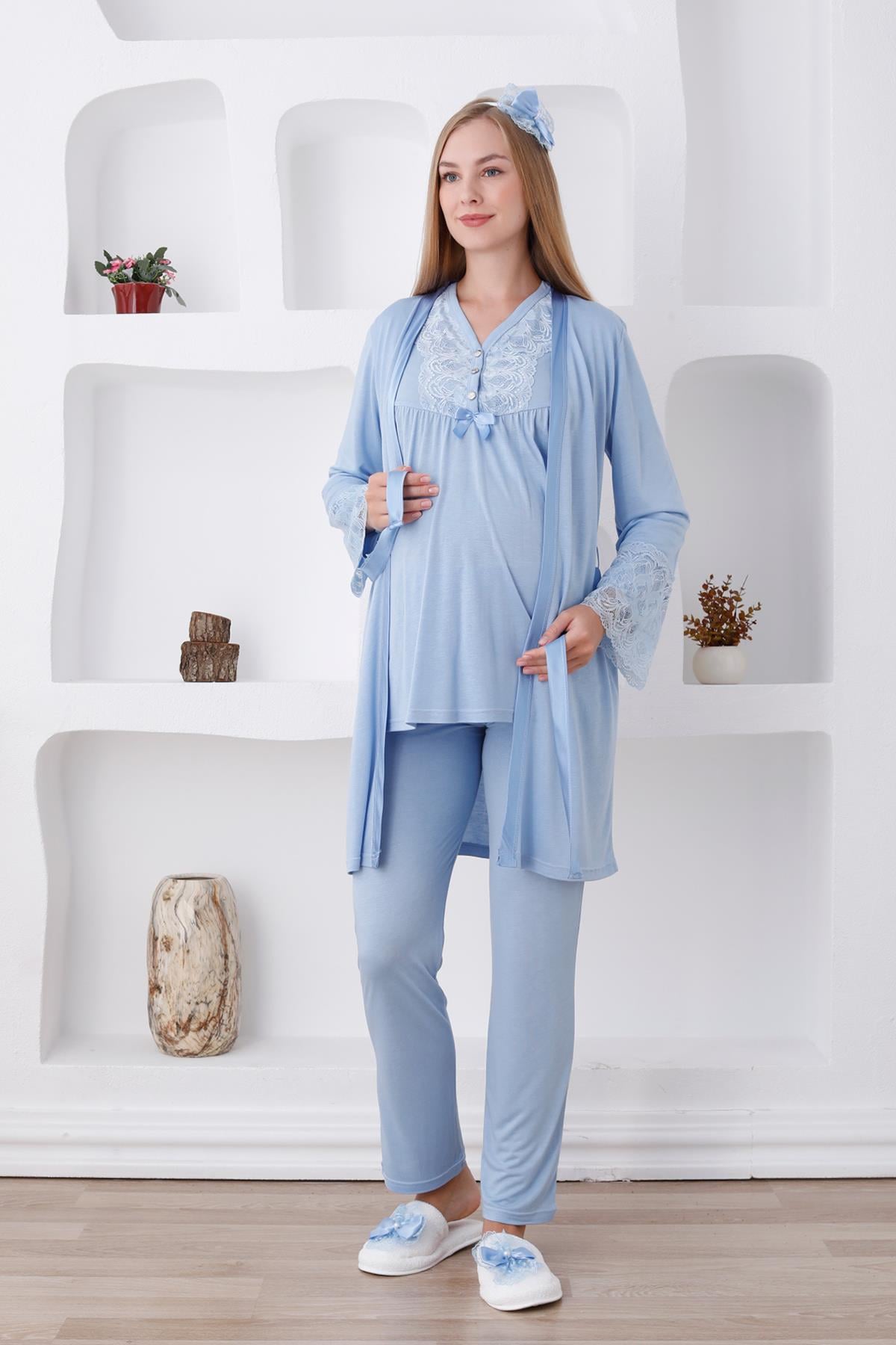 Erdeniz 3424 Mavi Dantel Kol Sabahlıklı Lohusa Pijama Takımı