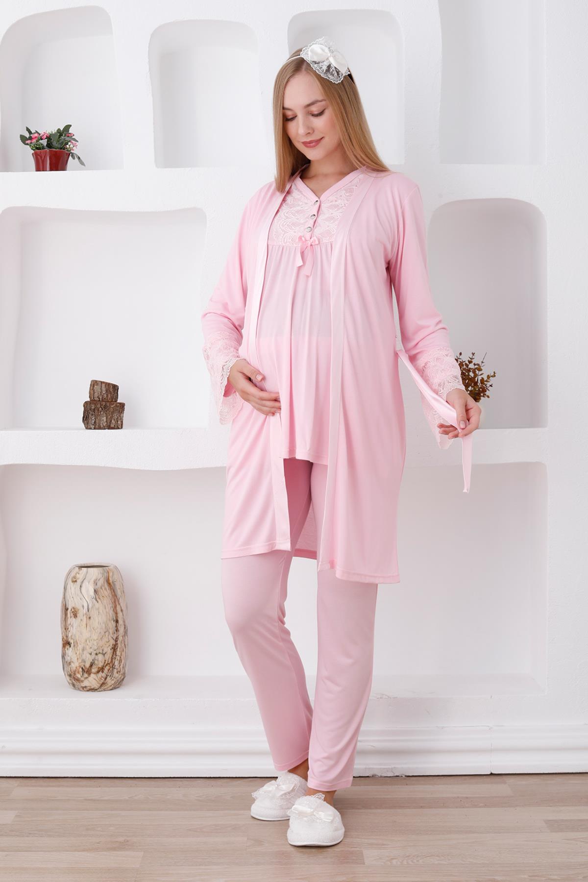Erdeniz 3424 Pembe Dantel Kol Sabahlıklı Lohusa Pijama Takımı