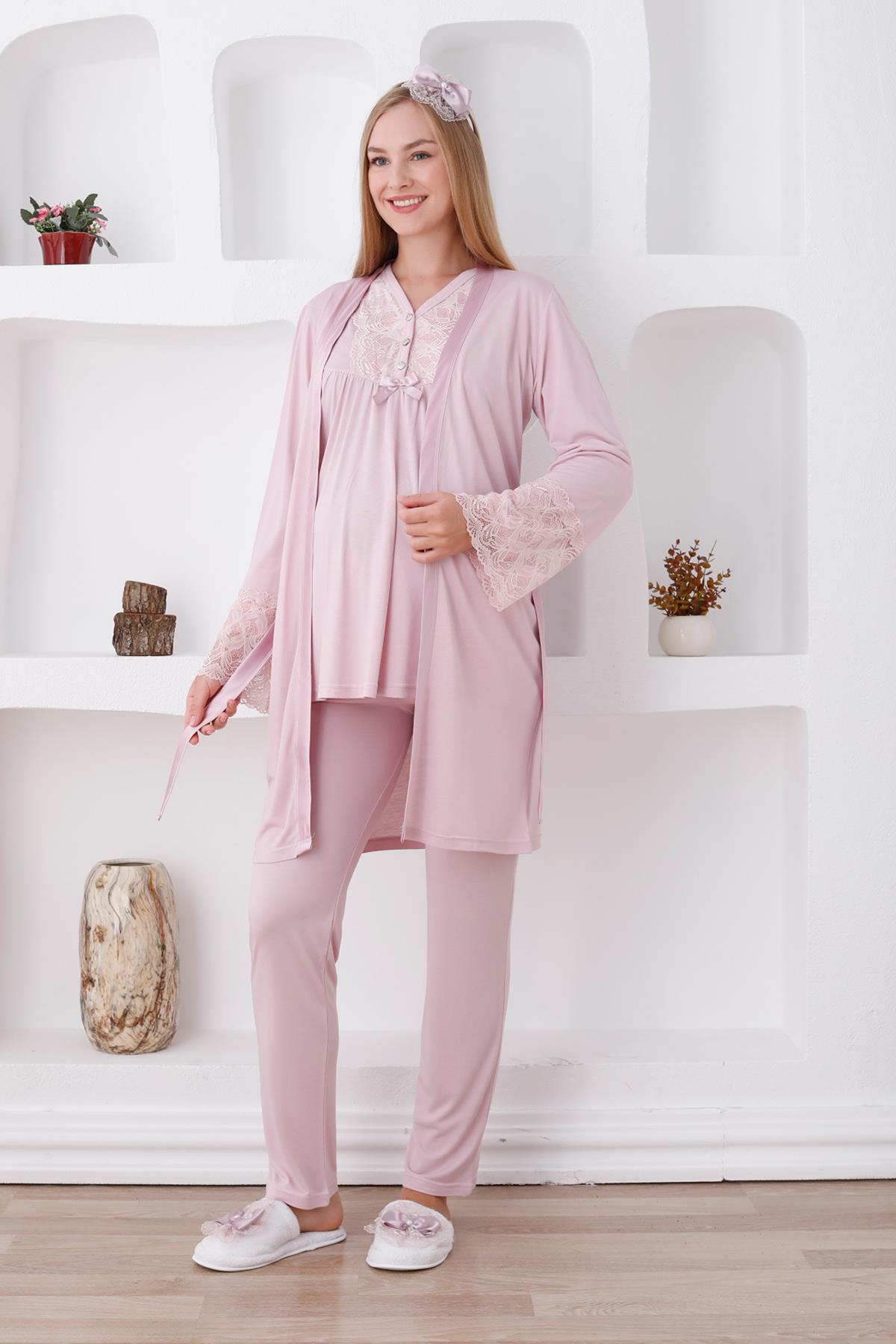 Erdeniz 3424 Pudra Dantel Kol Sabahlıklı Lohusa Pijama Takımı