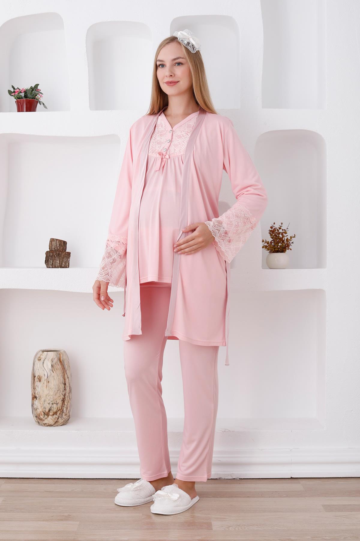 Erdeniz 3424 Somon Dantel Kol Sabahlıklı Lohusa Pijama Takımı