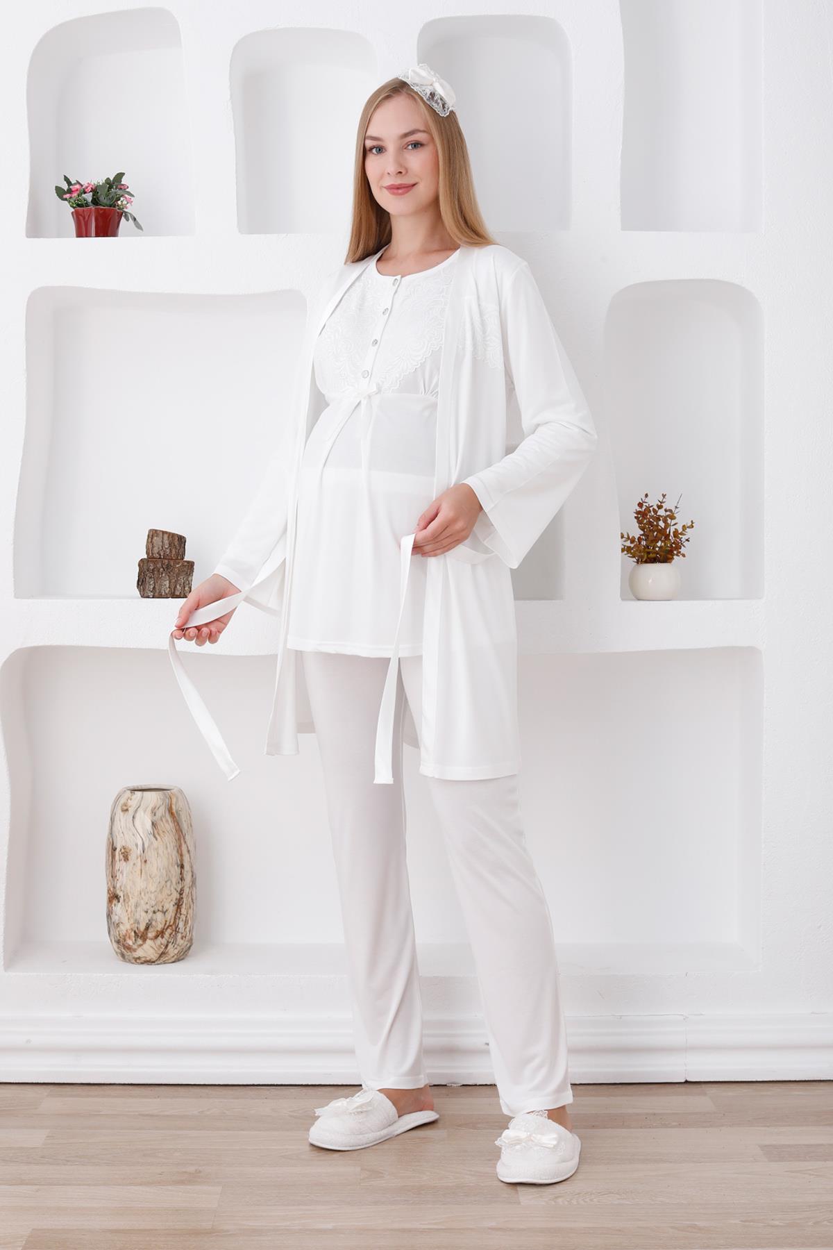 Erdeniz 3425 Ekru Dantel Detaylı Sabahlıklı Lohusa Pijama Takımı