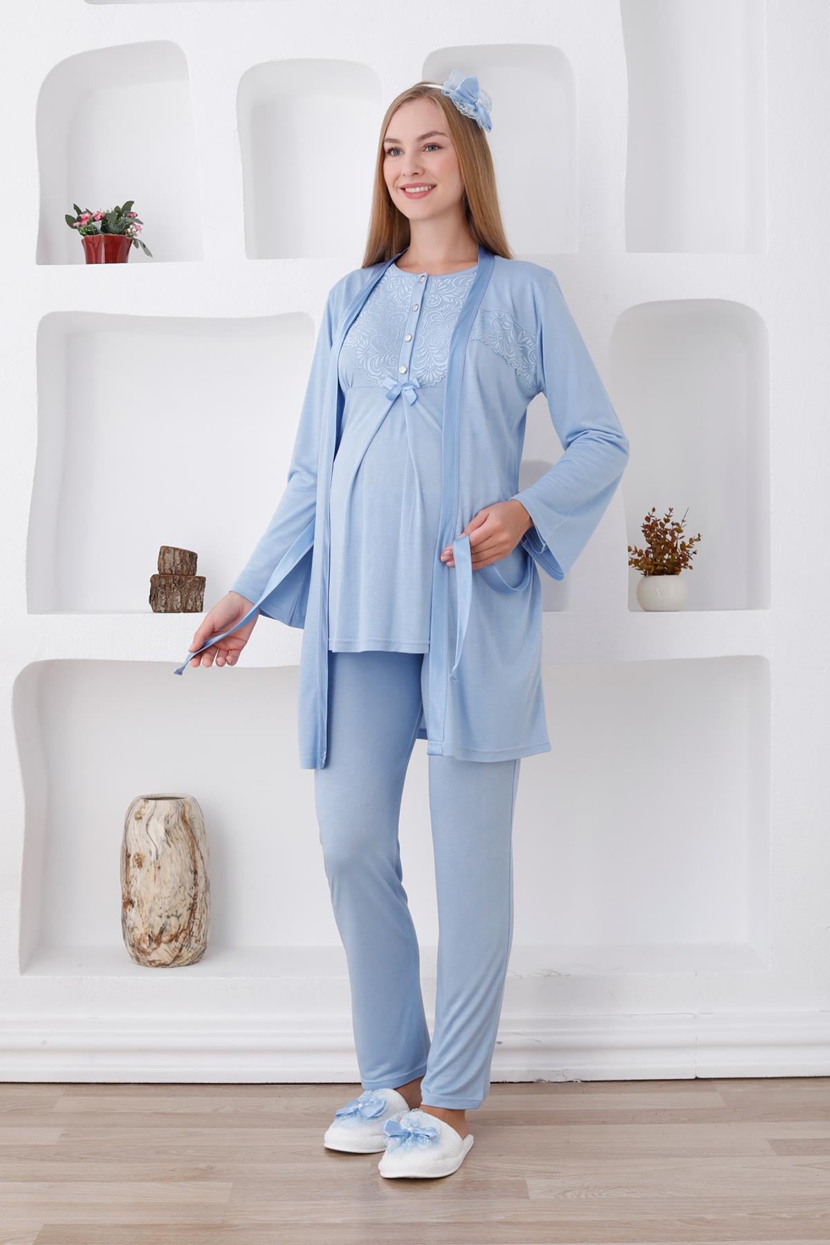 Erdeniz 3425 Mavi Dantel Detaylı Sabahlıklı Lohusa Pijama Takımı