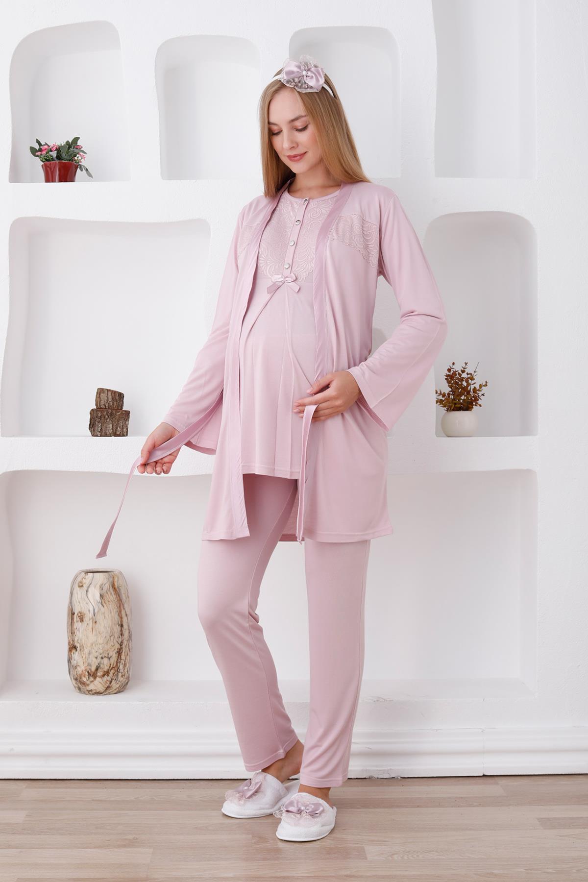 Erdeniz 3425 Pudra Dantel Detaylı Sabahlıklı Lohusa Pijama Takımı