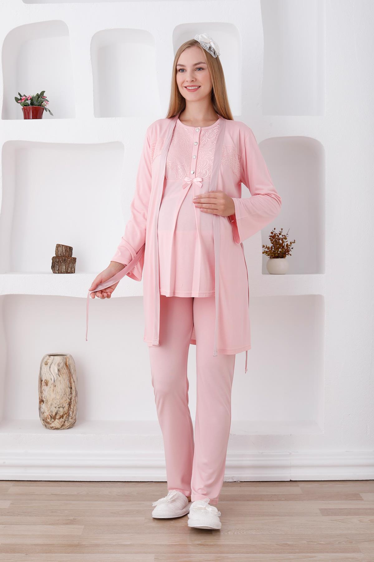 Erdeniz 3425 Somon Dantel Detaylı Sabahlıklı Lohusa Pijama Takımı